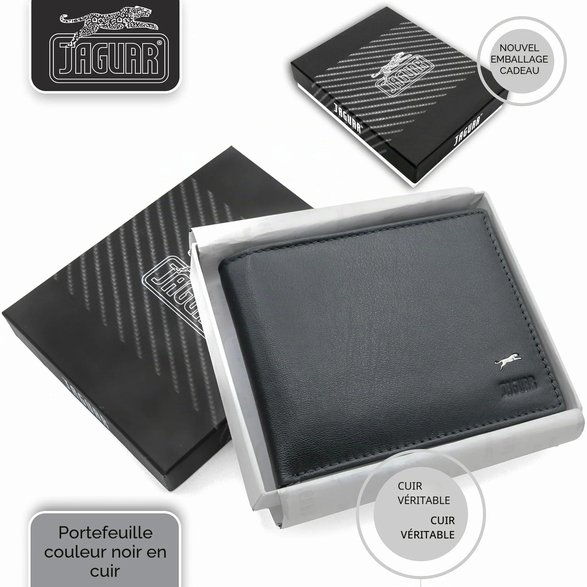 JAGUAR Portefeuille Homme Cuir Noir avec Fentes pour Cartes, Léger 75 g