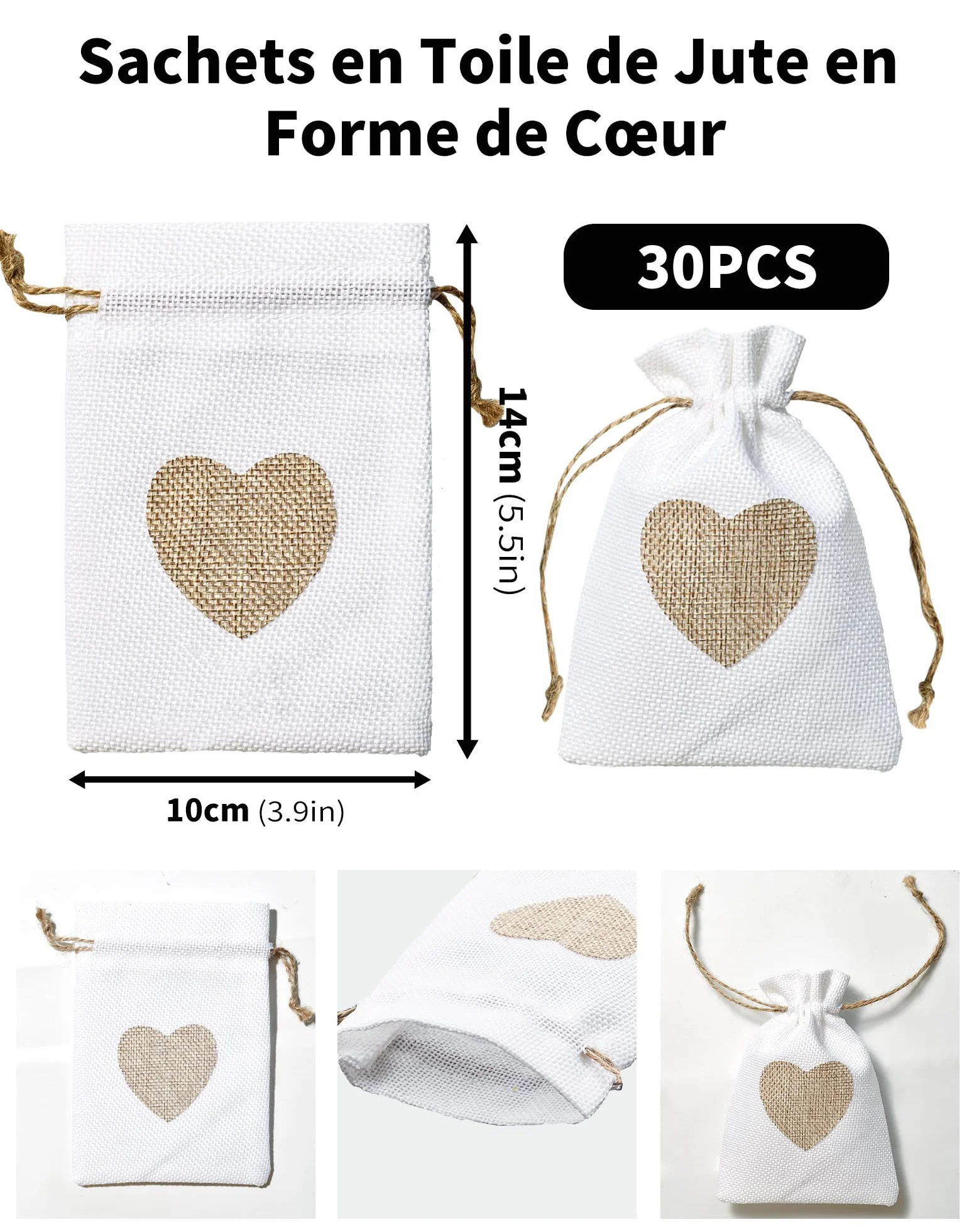 Sachet Tissu en Jute 10 x 14cm Petite Pochette Motif de Coeur Pochon bijoux Mariage lavande Baptêmes Noël faveur