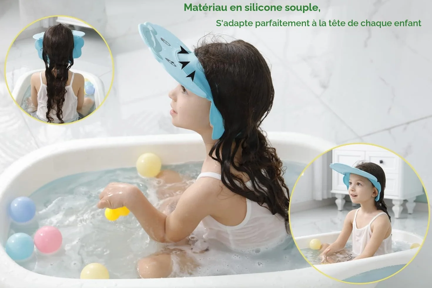 Bleu Bonnet de Douche Bébé Réglable Visière Bonnets de Bain Shampoing Chapeau Protège Yeux Oreilles Enfants