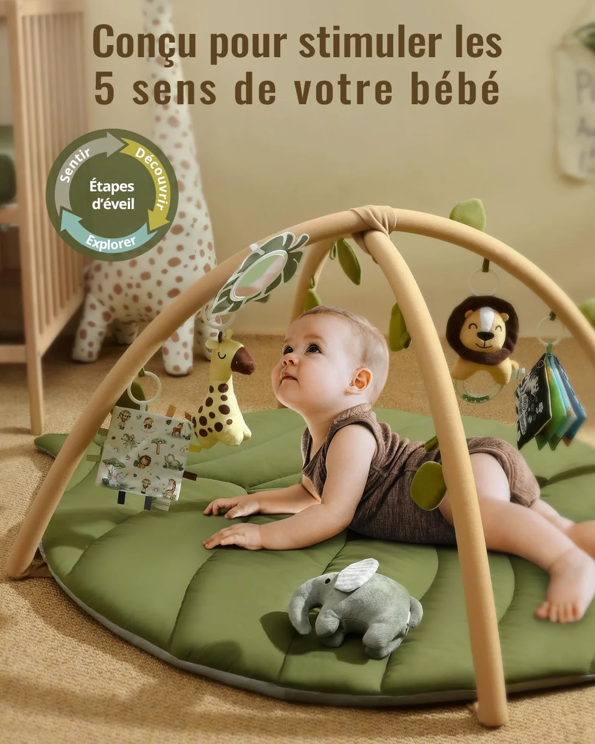 Blissful Diary Tapis d'éveil Bébé avec Arche Amovible, 6 Jouets, Développement Sensoriel et Moteur, Vert Forêt