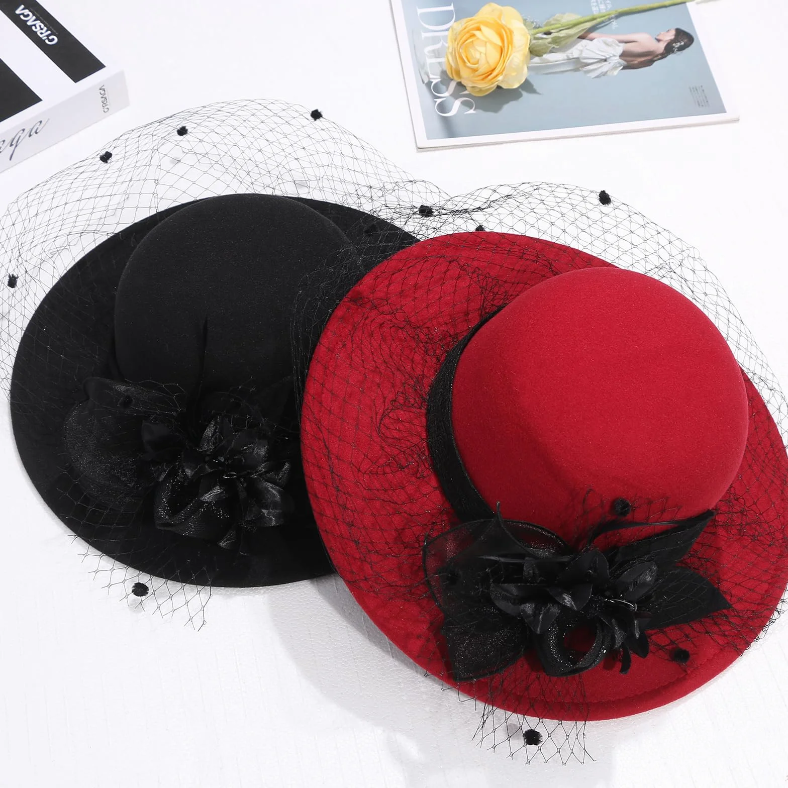Cupimatch Chapeau Cloche Femme Vintage Felt Voilette Fleurs Rétro Années 20 Mariage Cérémonie