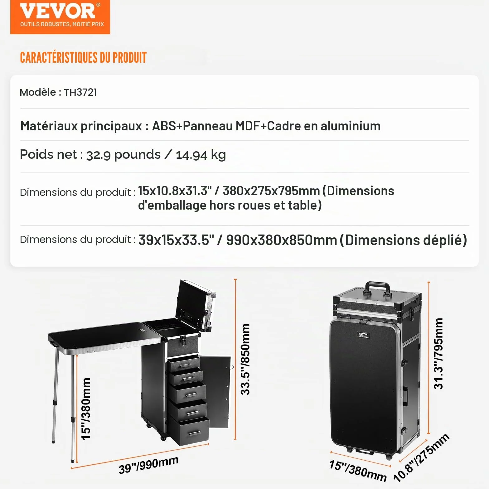 VEVOR Mallette de Maquillage en Aluminium Professionnelle avec Roues Pivotantes 360°, Noir