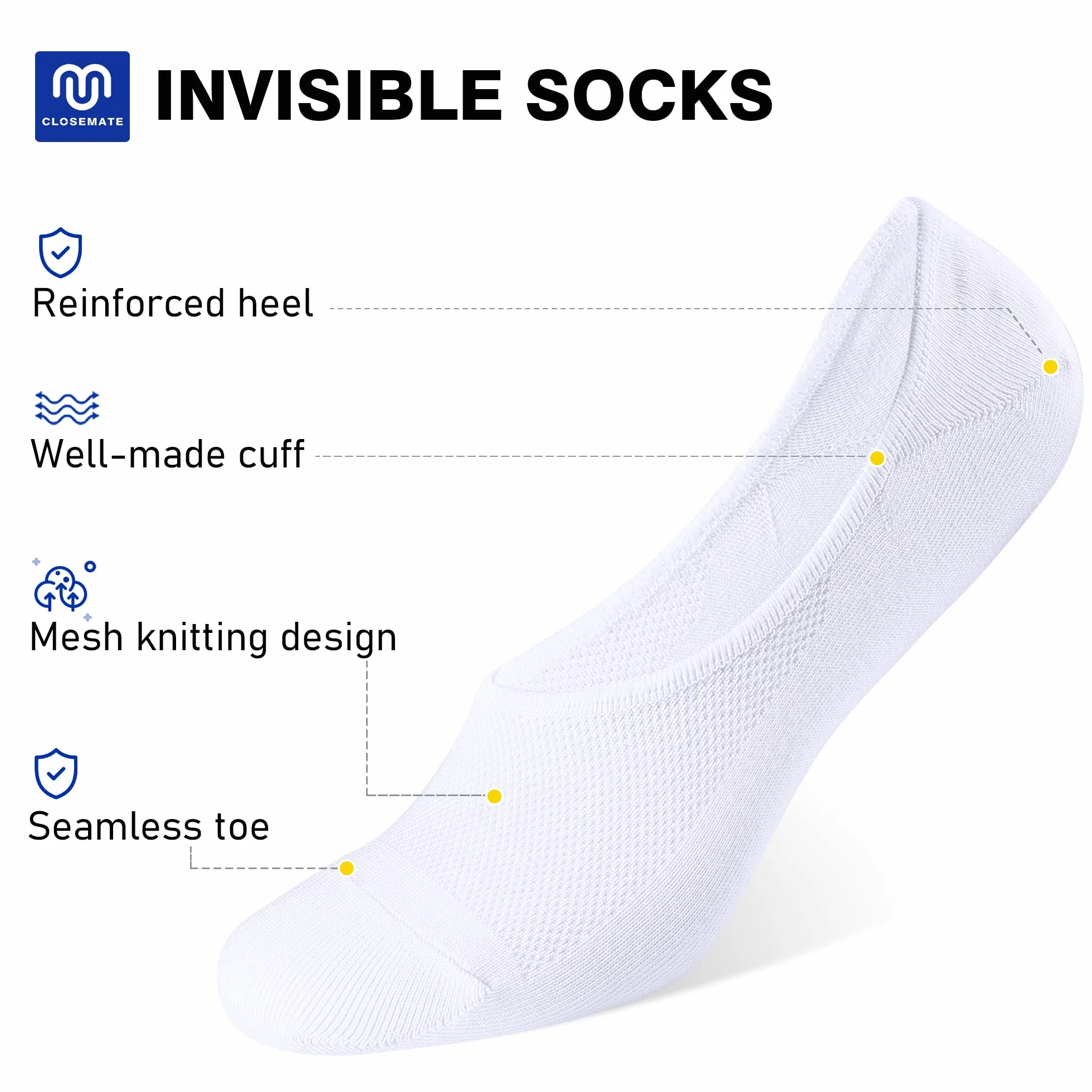 CLOSEMATE Chaussettes Invisibles Homme Femme 39-46 Coton 6 Paires Antidérapantes Blanc Noir Gris
