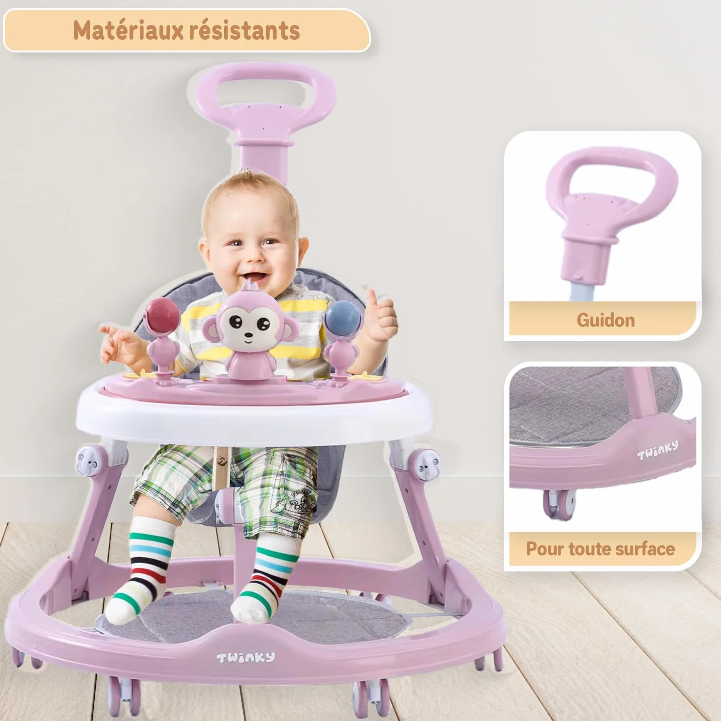 Twinky Trotteur Bebe avec ensemble de jeu et tapis de sol - Aide à la marche robuste 4 positions réglables - Rose
