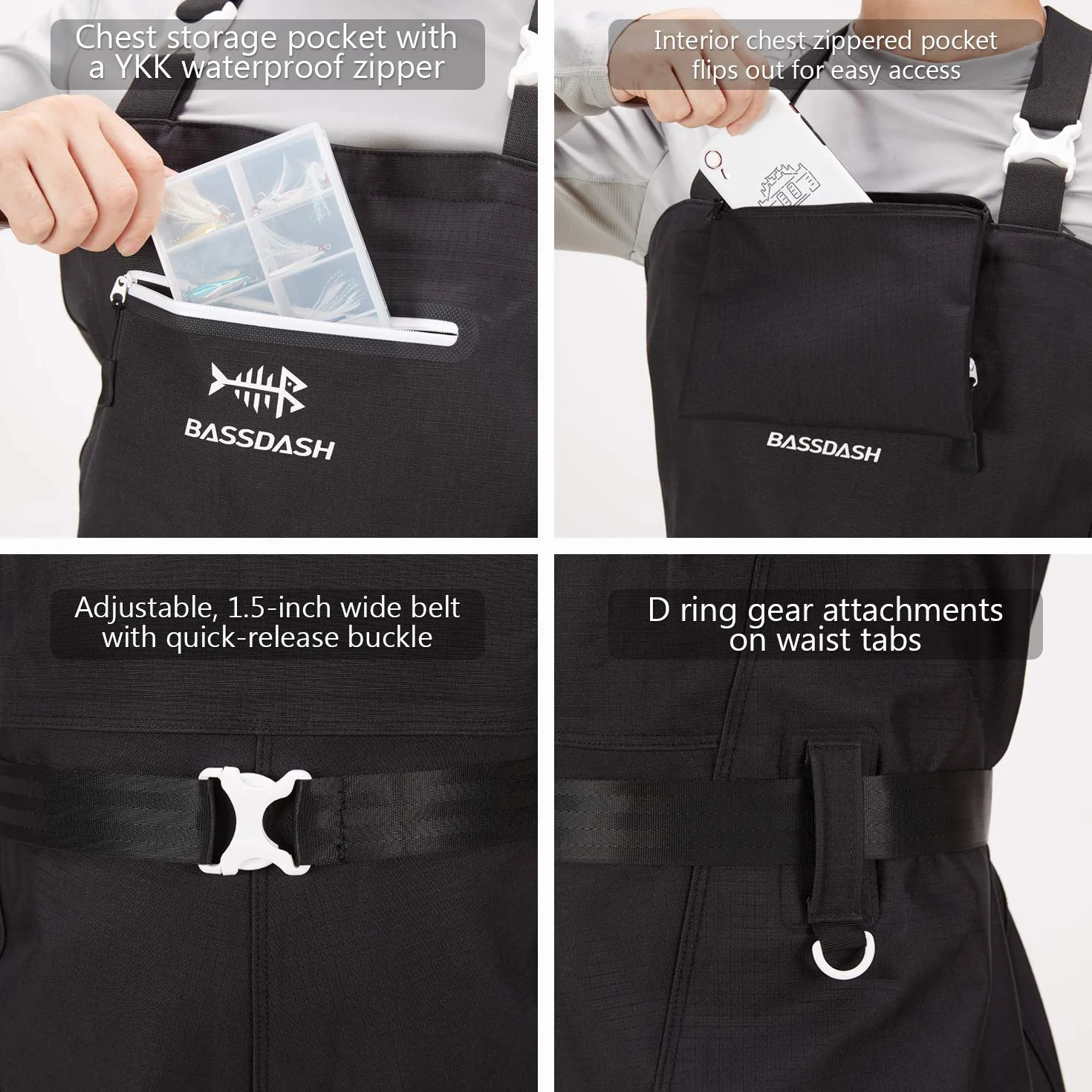 Bassdash Cuissardes de pêche 3D Ultra Haute résistance Nylon Carreaux Noir PVC Waders Hommes