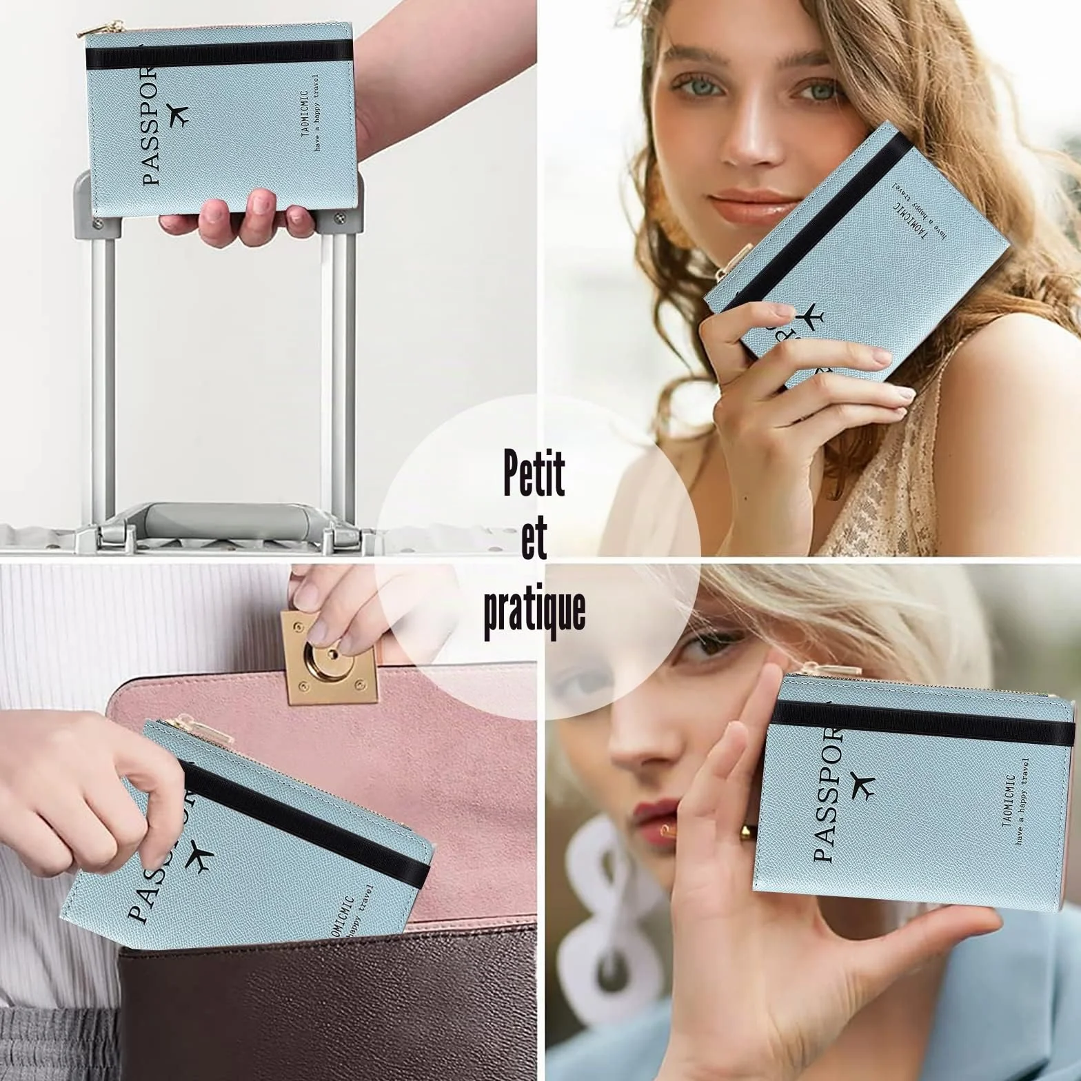 Toctax Protege Passeport Cuir Artificiel RFID-Blocker Pochette Passeport Zippé Bleu
