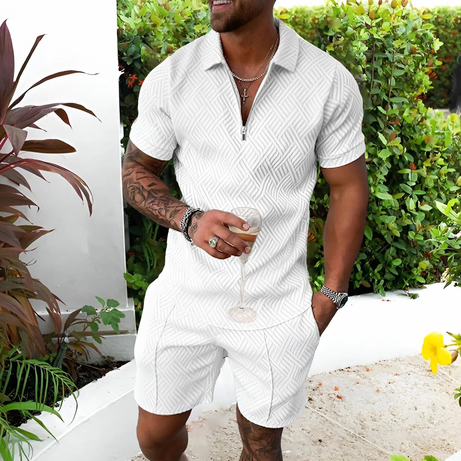 Amropi Homme Survêtement de Sport T-Shirt Manches Courtes Fermeture Éclair Short Ensemble