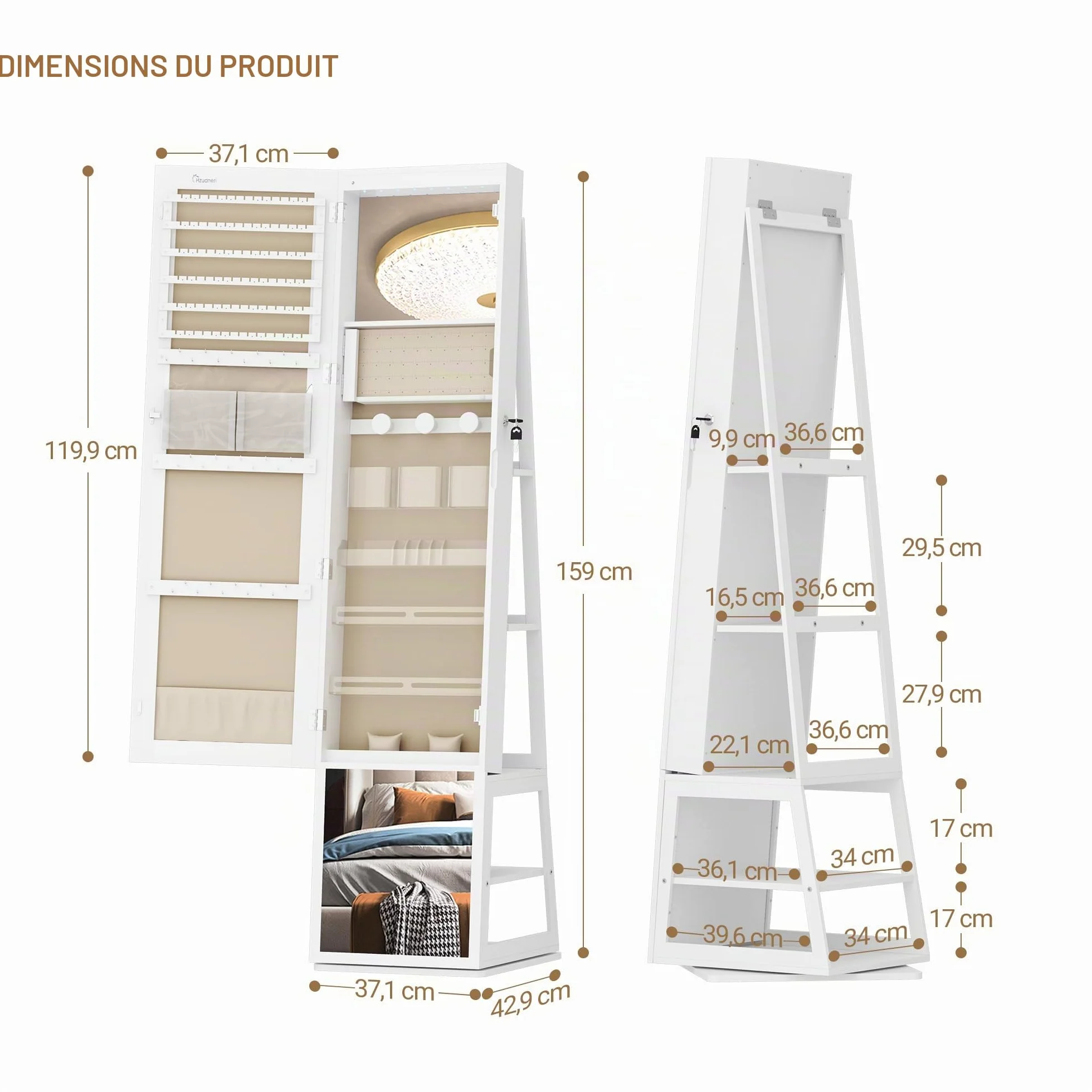 Armoire à bijoux 160cm avec LEDs, base rotative 360°, miroir verrouillable, Blanc et Beige