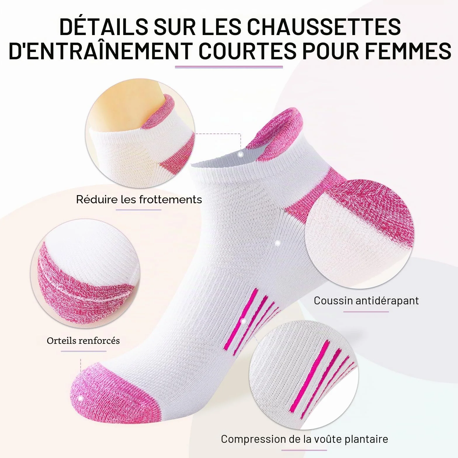 Chaussettes Femme Sport Coton Respirantes Courtes Anti-ampoules Course Rembourrées 6 Paires