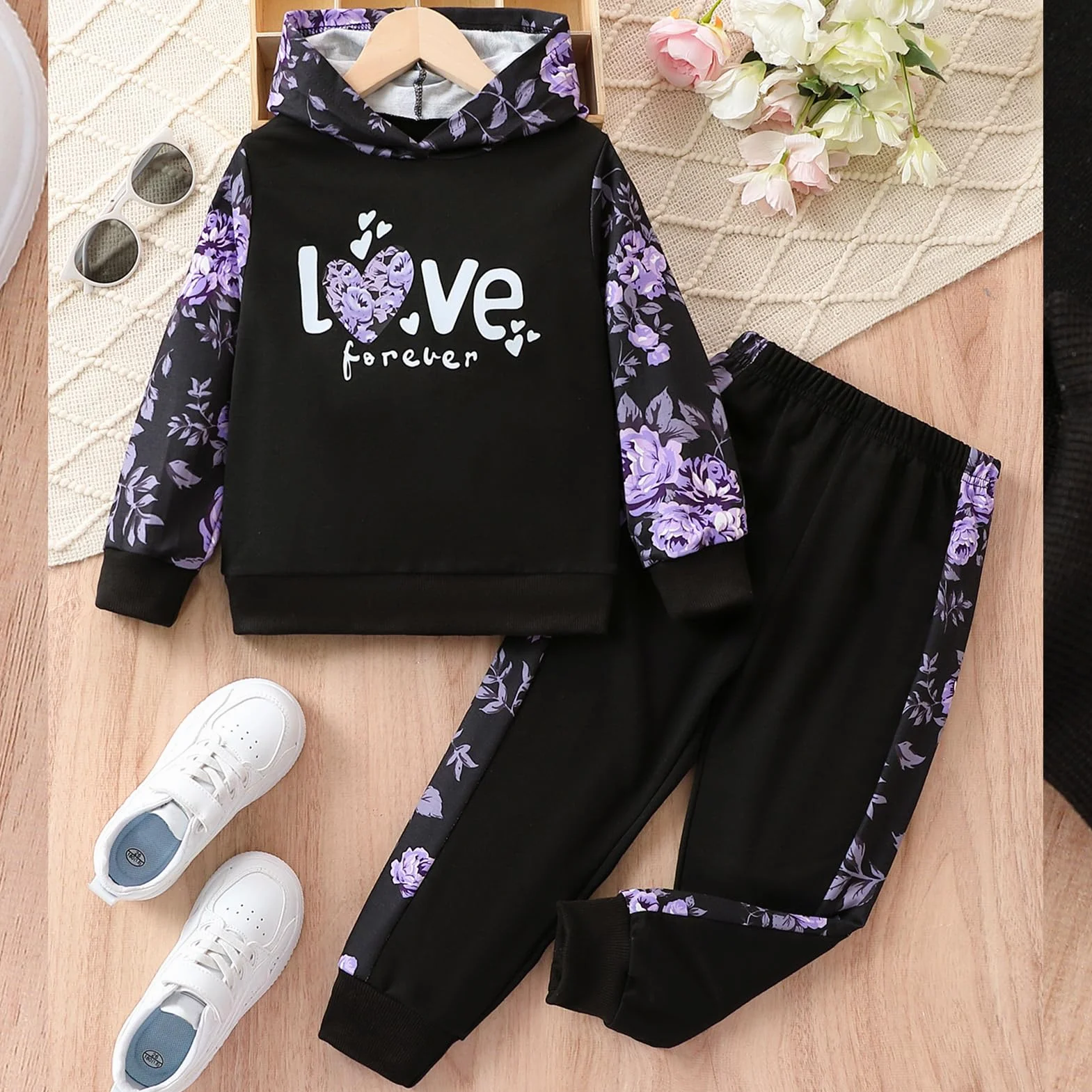 Survêtement Fille Imprimés Ensemble Jogging à Capuche 2 Pièces Vêtements de Sport