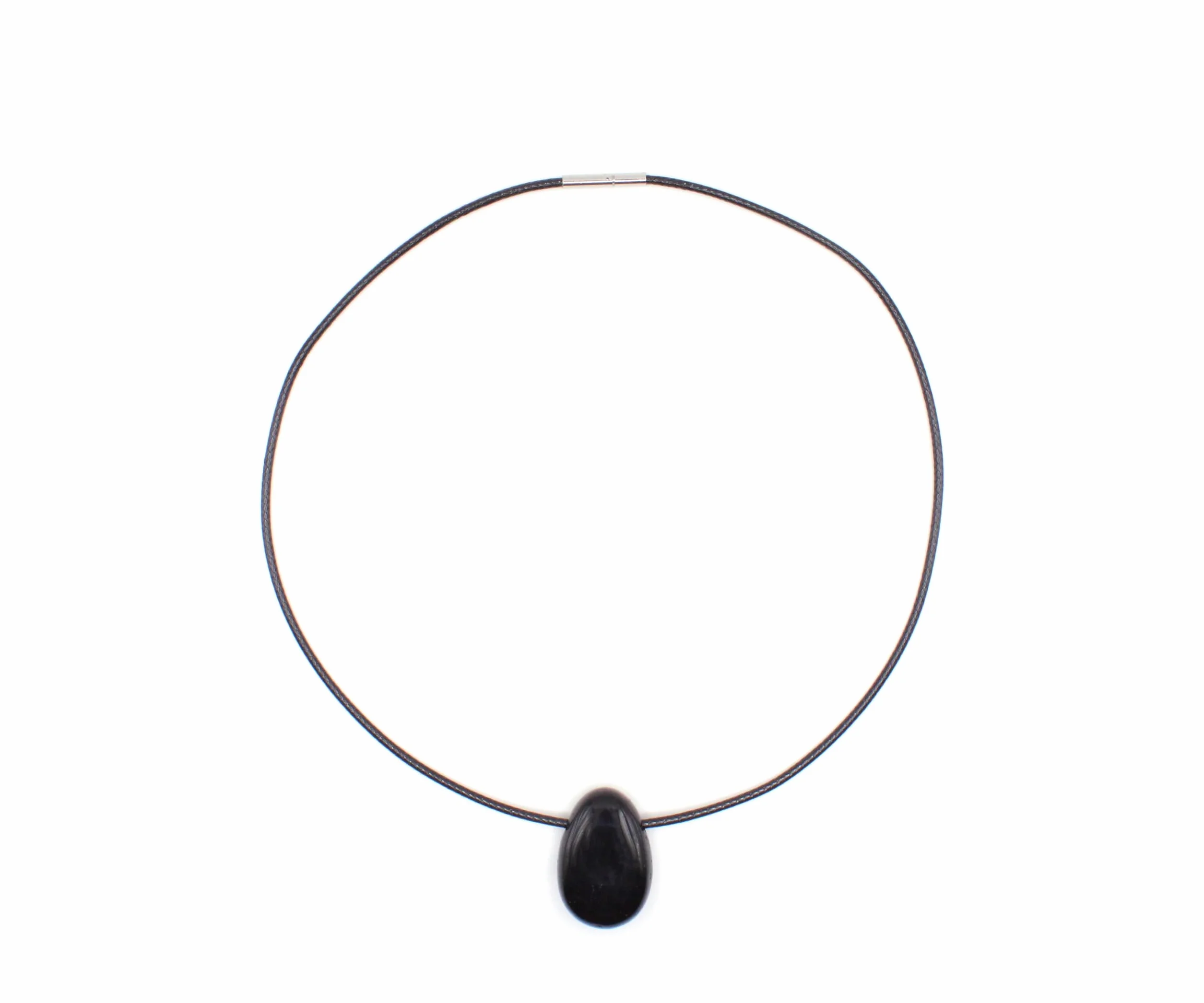 Pendentif tourmaline noire goutte ruban coton ciré pierre tambour percée fermeture rotative acier inoxydable