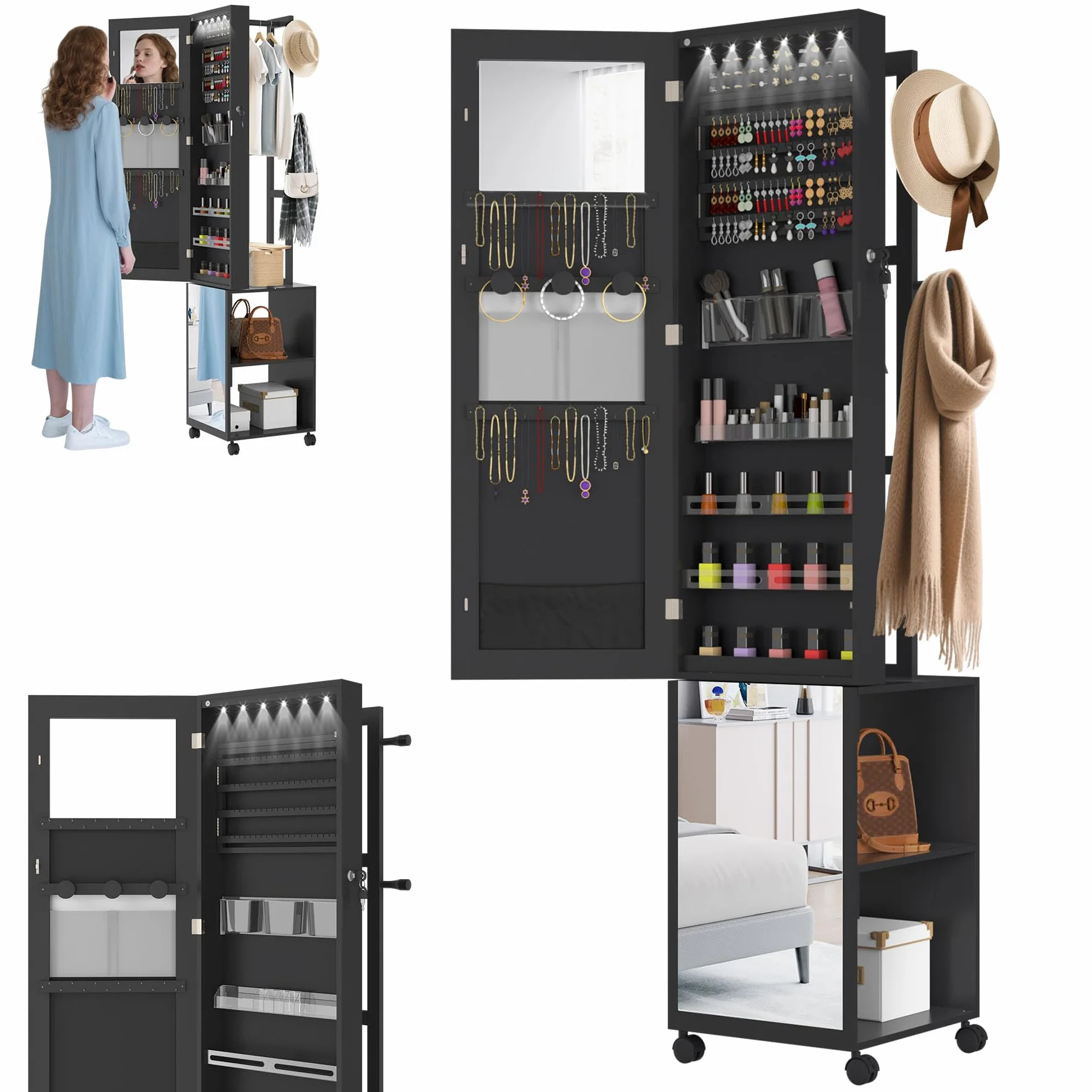 LZQ Armoire à bijoux avec miroir et lumières LED - Verrouillable - 36 x 40 x 170 cm - Noir