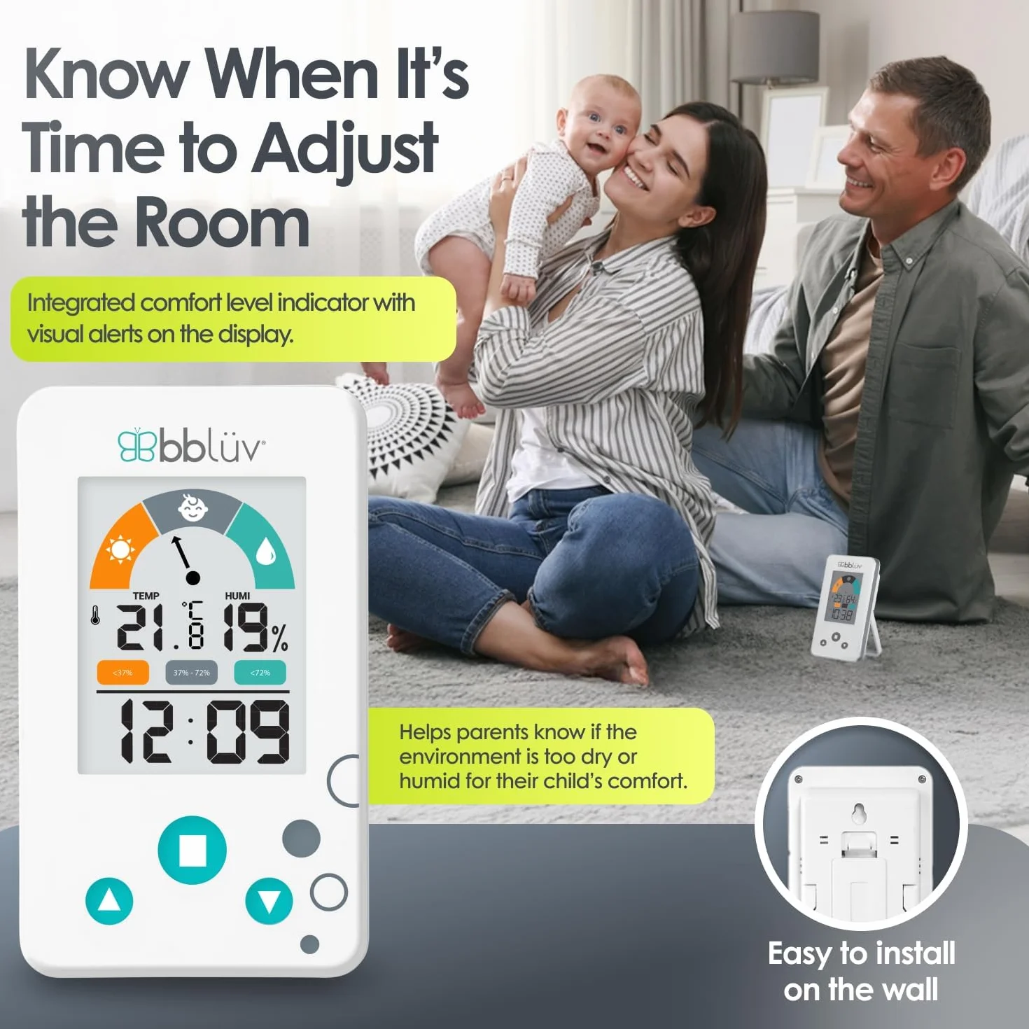 bblüv Igrö Thermometre Hygrometre Numérique 2-en-1 Thermomètre Interieur Chambre Bébé Moniteur Température Humidité Précis Écran LCD Indicateur Confort Horloge