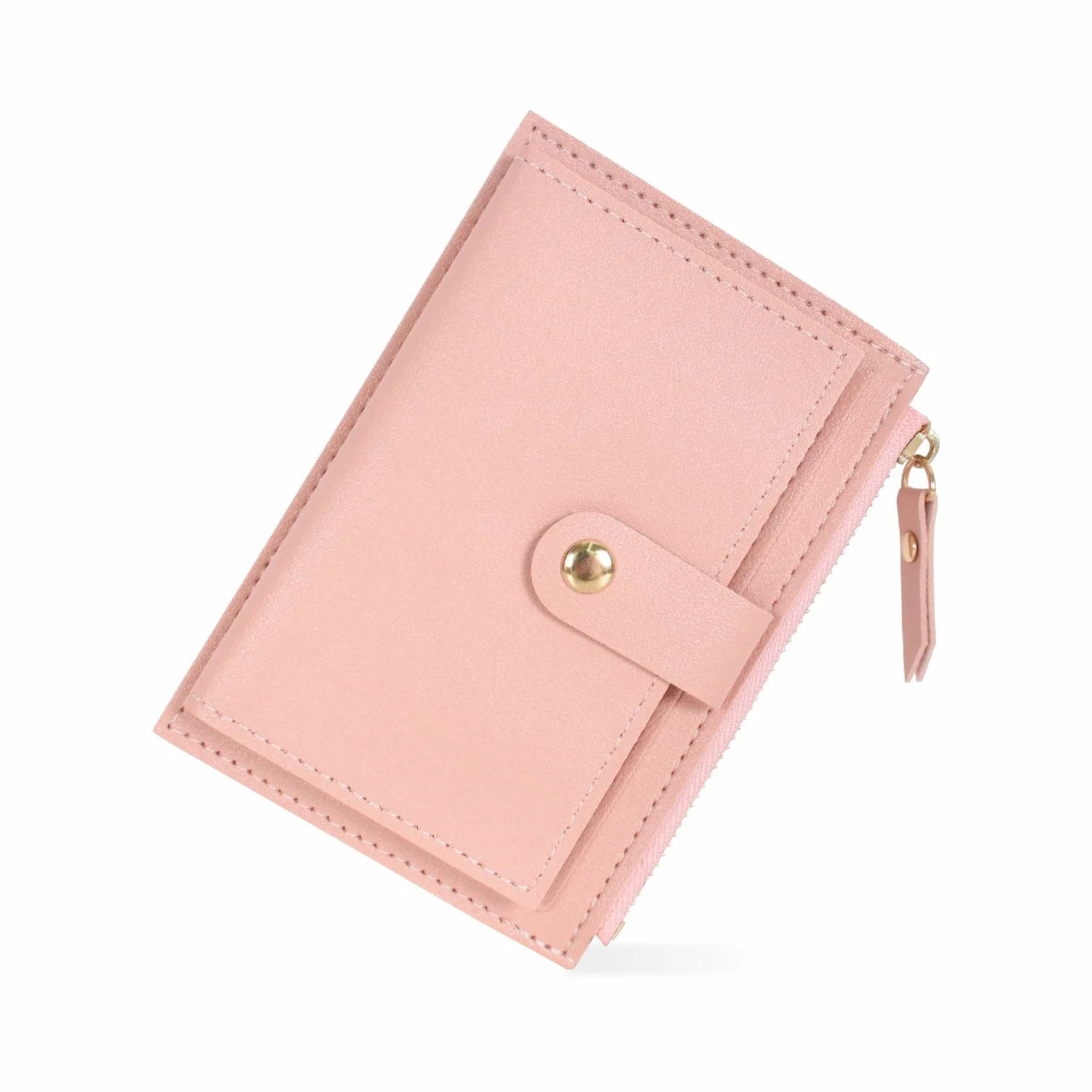 Portefeuille Femme Cuir Mini Porte Cartes avec Fermeture éclair 14x9x0.5cm Rose