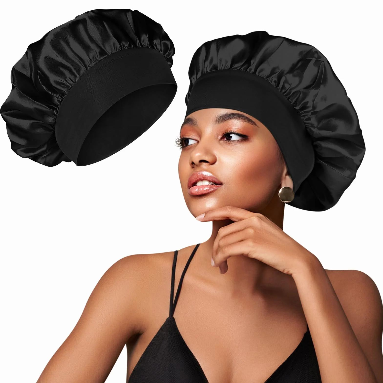Bonnet Satin Cheveux Nuit Ajustable Élastique Femme Soin Cheveux Bouclés Noir
