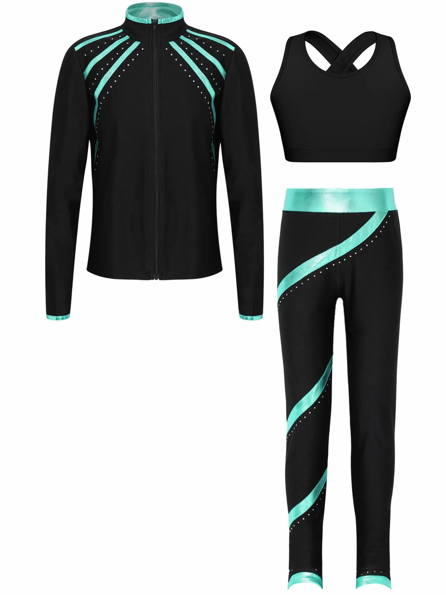 YiZYiF Fille Ensemble Patinage Artistique Paillette Veste Top Manches Longues Débardeur Pantalon Sport Gymnastique Yoga