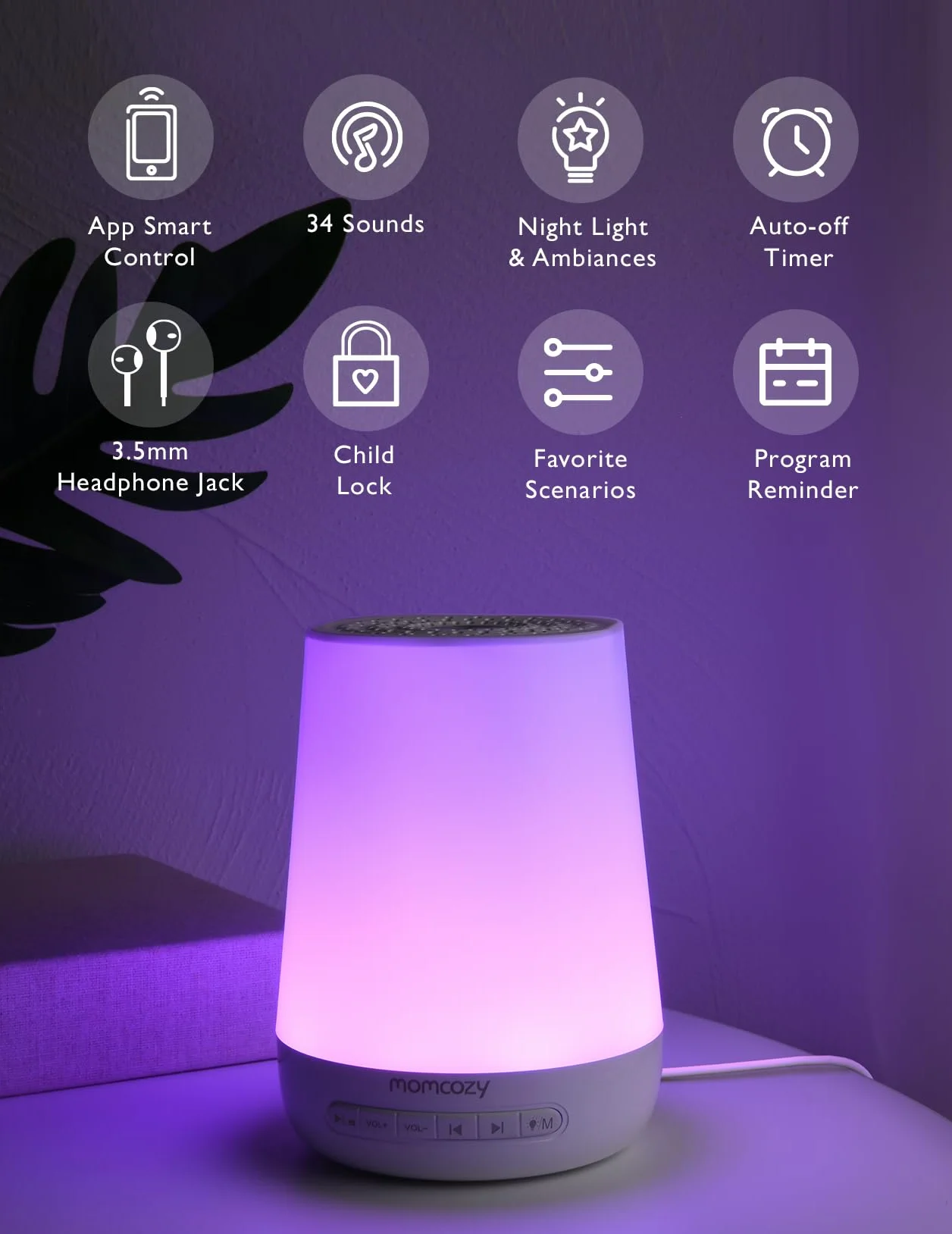 Momcozy Machine à bruit blanc avec 34 bruits apaisants, lampe pour bébé et adultes, contrôle APP