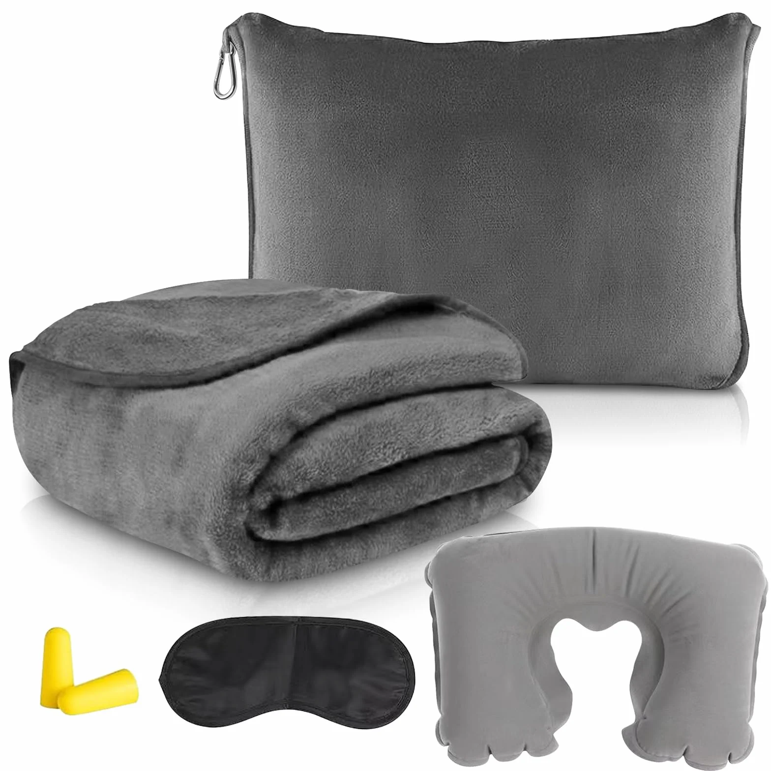 Couverture de voyage avion 2 en 1 avec coussin de transformation, taie d'oreiller et bouchons d'oreilles - Couverture douce et chaude