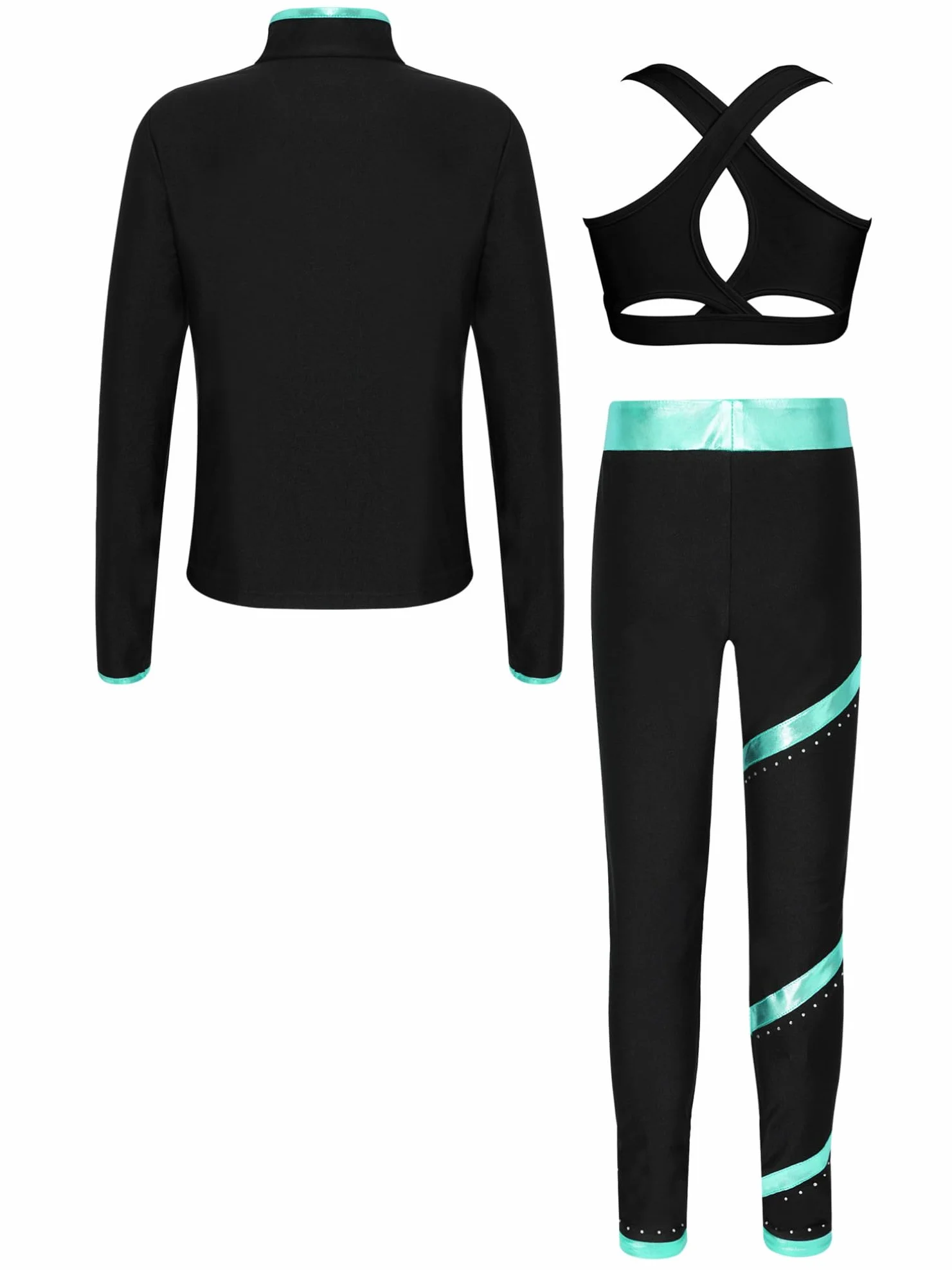 YiZYiF Fille Ensemble Patinage Artistique Paillette Veste Top Manches Longues Débardeur Pantalon Sport Gymnastique Yoga