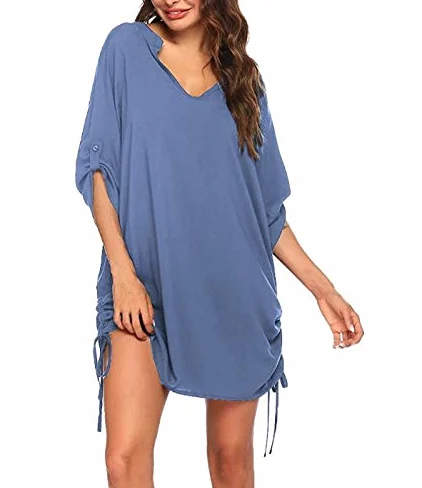 Cache-maillot de plage pour femme avec col en V et imprimé papillon, bleu, XL