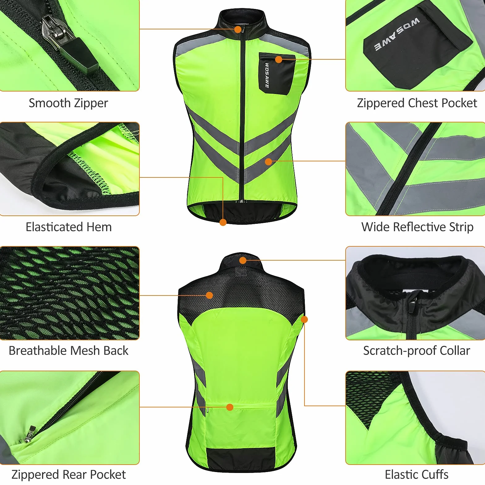 HUIOP Gilet Cyclisme Hommes Pliable Séchage Rapide Respirant Réfléchissant Sécurité Vélo Sport