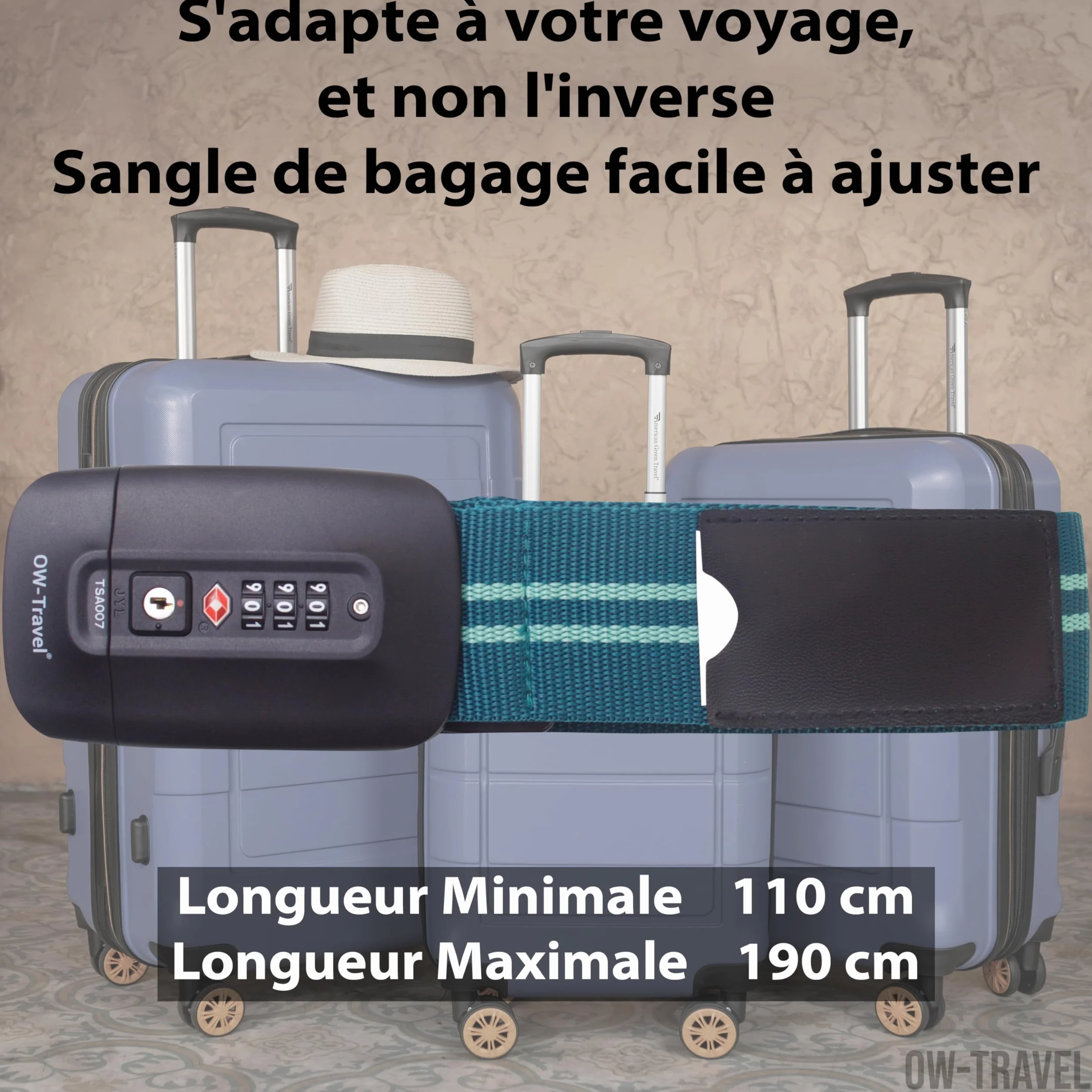 Sangle Valise Voyage TSA Bleue Verte Facile à Repérer avec Etiquette Ceinture Bagage Accessoires Avion
