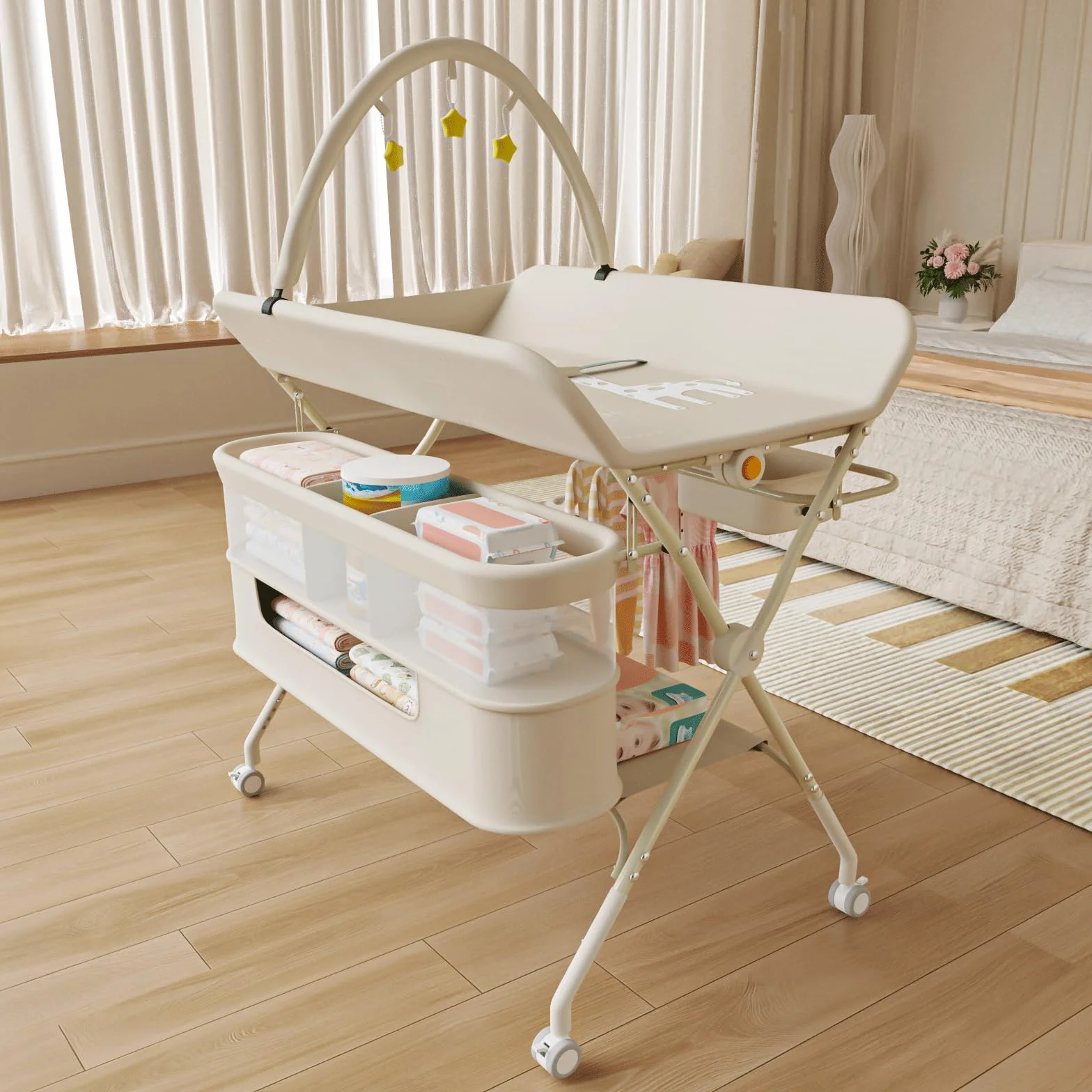 Table à Langer avec Roulettes Panier Rangement Structure Fer Charge Max 25kg 75x68x83-91cm Blanc Crème