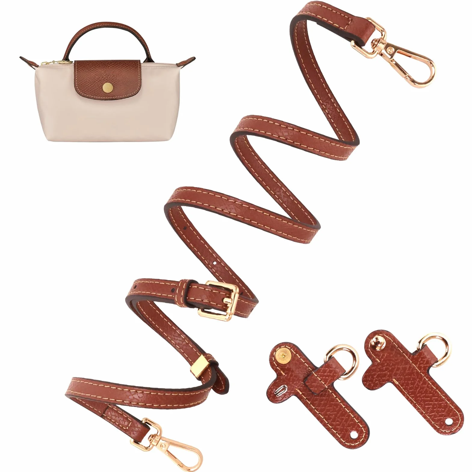 Bandoulière pour Sac Longchamp Mini Femme, Cuir Double Face Cognac, Sangle Sac Bandoulière, Anse Sac à Main, No-Punch Strap Mini (Largeur 1.2cm)