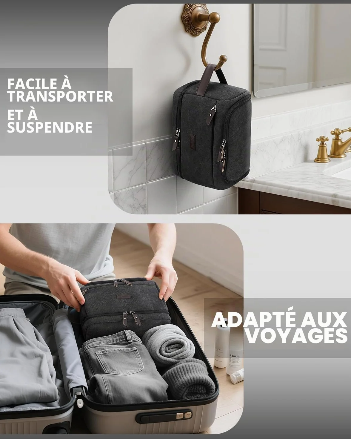 ZOMFELT Trousse de Toilette Homme Double Couche Toile Imperméable Grande Capacité Suspendue Noir