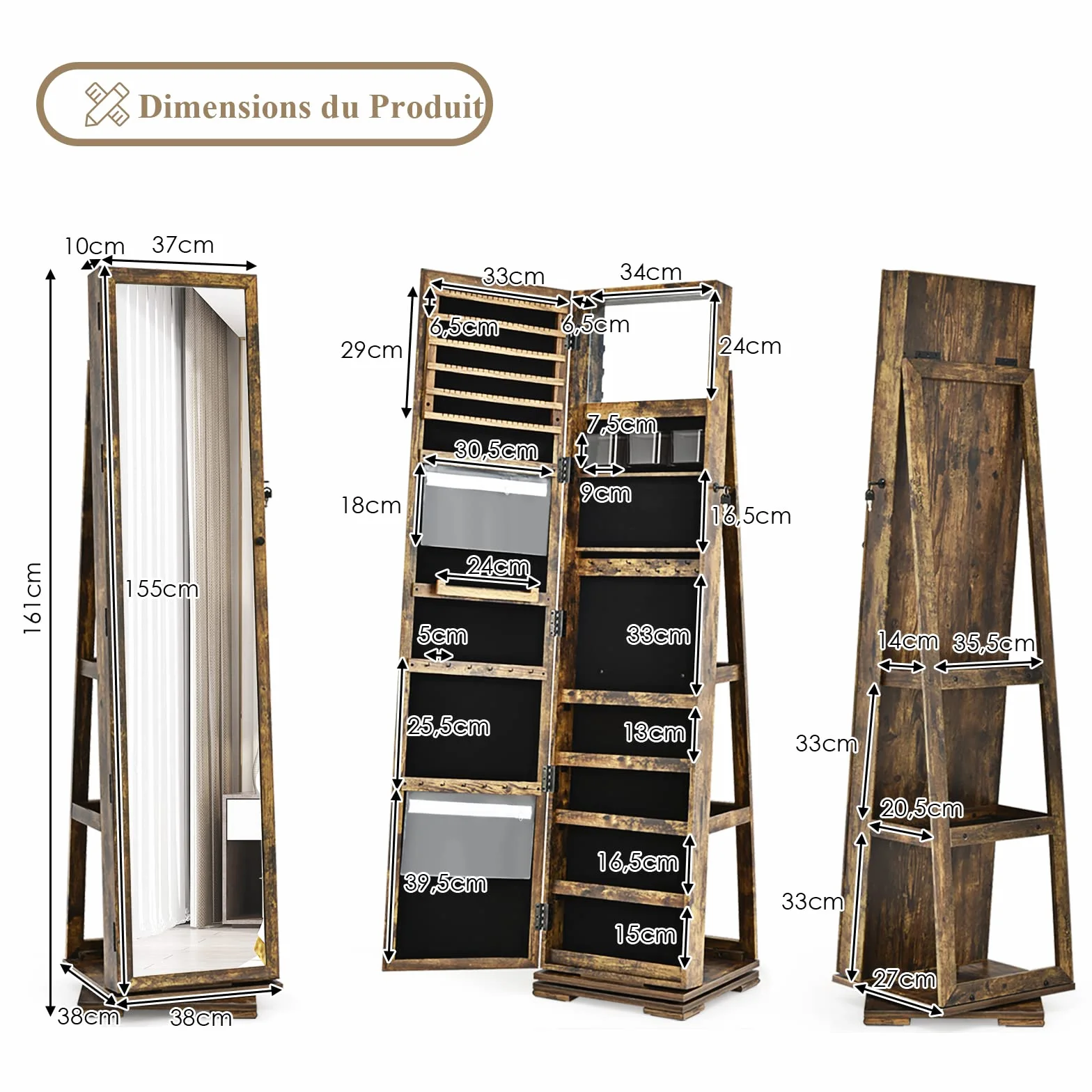 RELAX4LIFE Armoire à Bijoux Pivotante 360º avec Miroir sur Pieds, Verrouillable à Clés, 3 Étagères, Marron Rustique