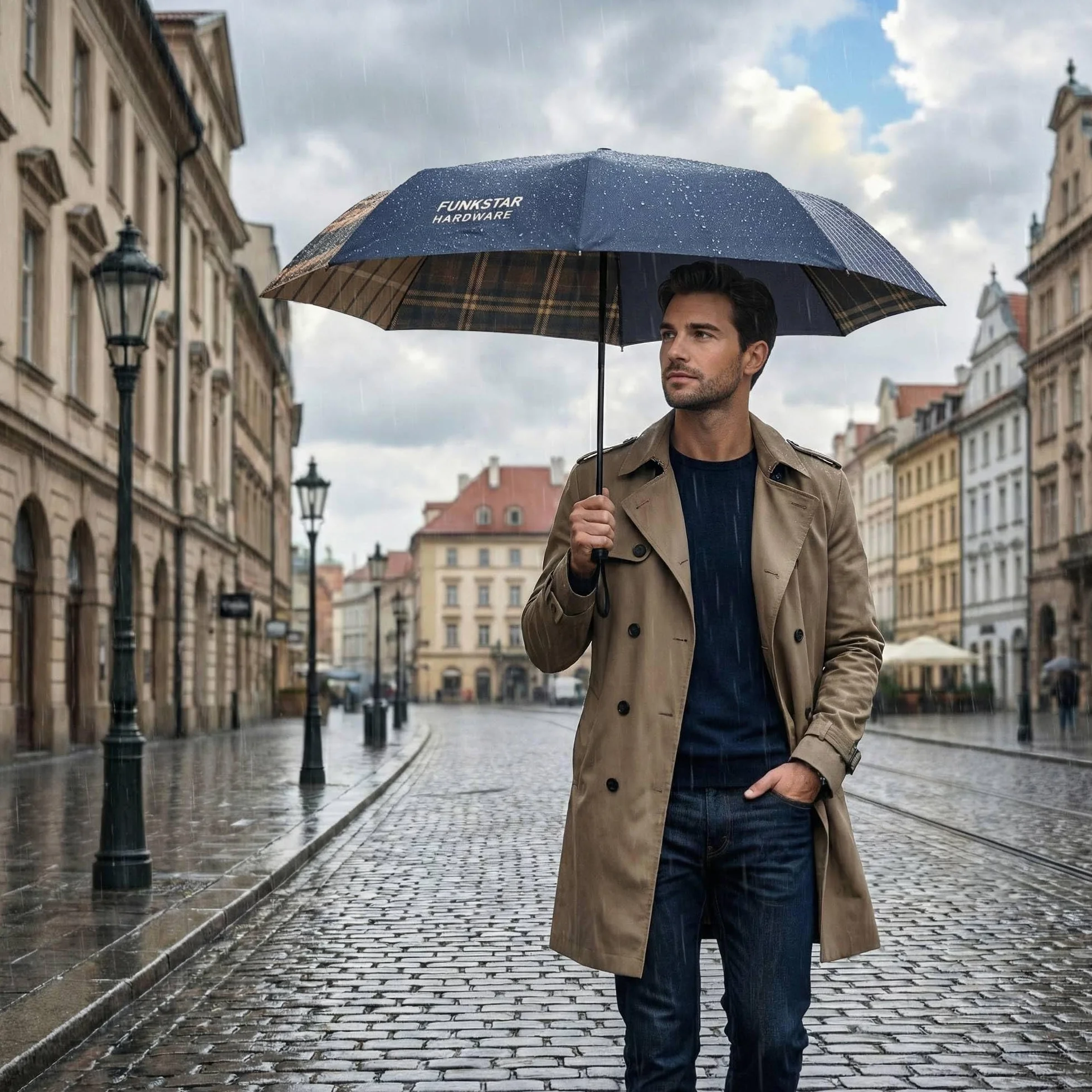 Parapluie pliant compact anti-tempête 8 baleines fibre de verre auto impermeable