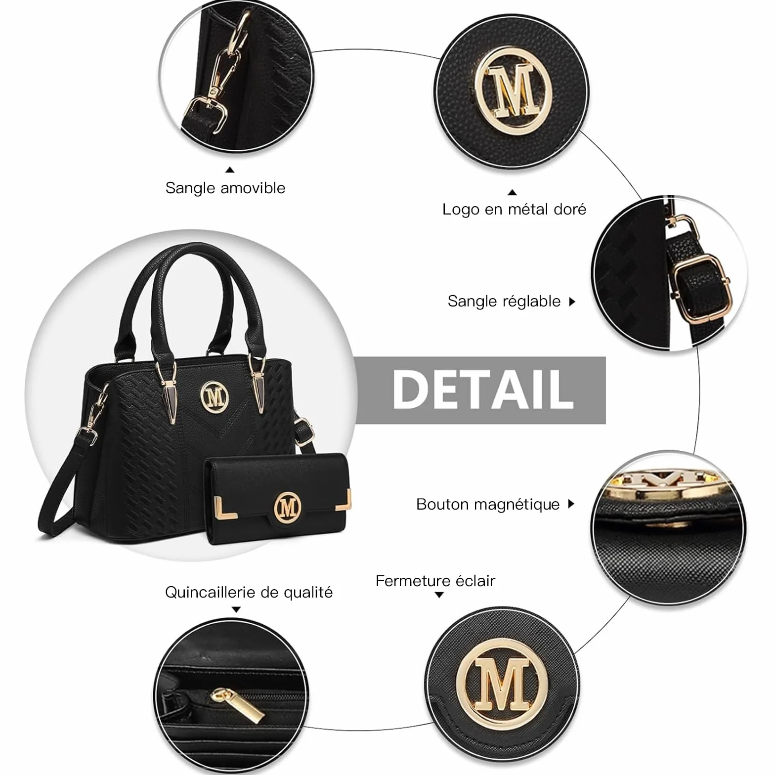 Miss Lulu Sac à Main Femme avec Portefeuille Sac Bandoulière en Simili Cuir Texture Litchi