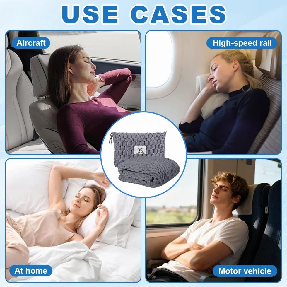 Couverture de Voyage Pliable 2 en 1 avec Oreiller, Douce et Chaude avec Étui, pour Avion Voiture Bureau Gris