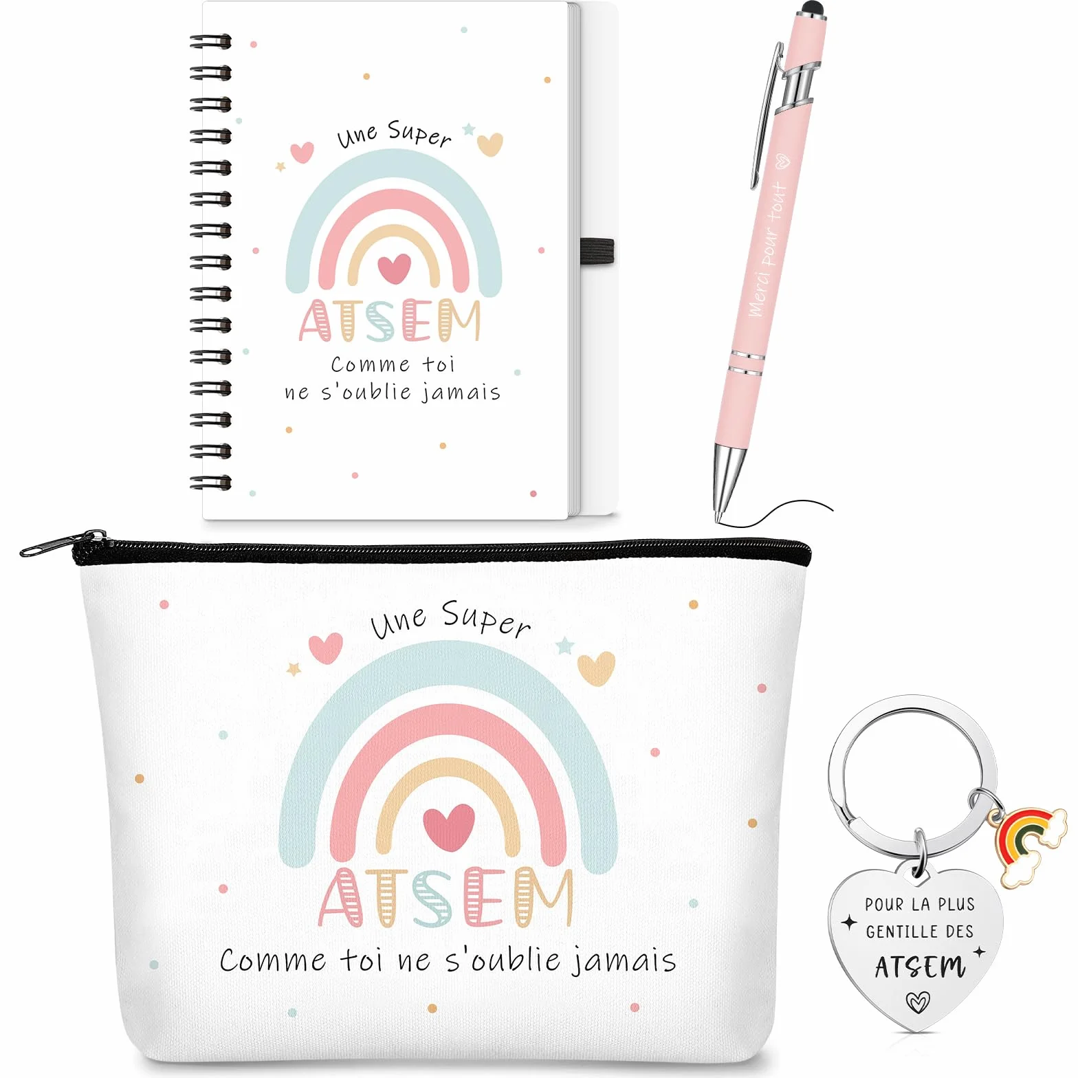 BBTO Ensemble de 4 Pièces Merci Cadeau Atsem Maîtresse d'École avec Trousse, Carnet, Stylo, Porte Clés