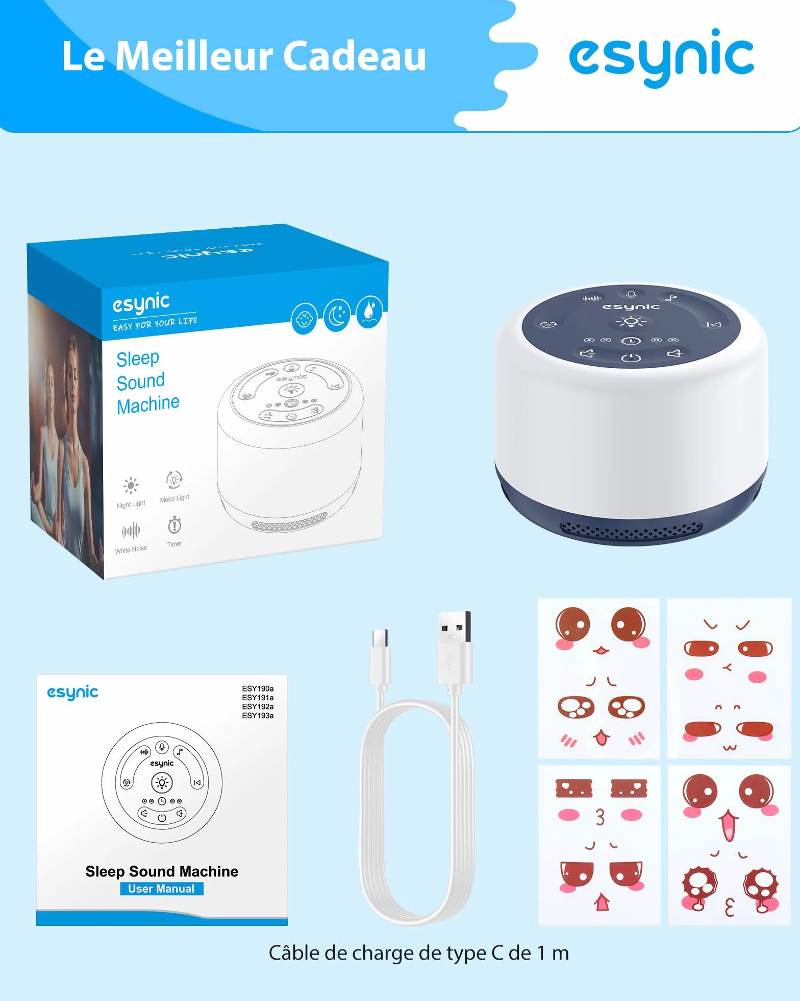 eSynic Machine à Bruit Blanc Portable pour Bébé avec 30 Sons Relaxants, Veilleuse Réglable, Minuterie, Batterie Intégrée (Bleu)