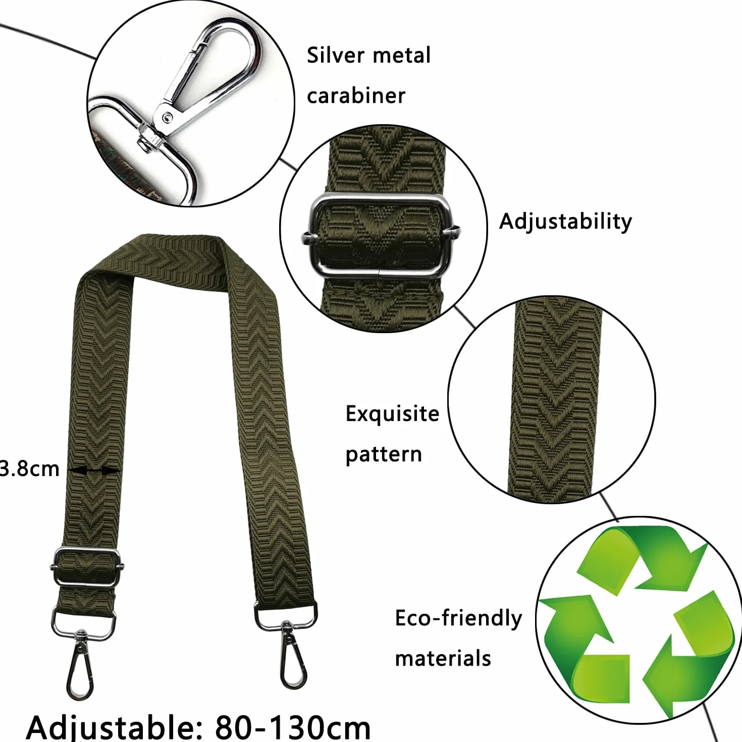 Sangle Bandoulière Réglable pour Sac à Main 3.8cm Bretelles Larges Vert armée