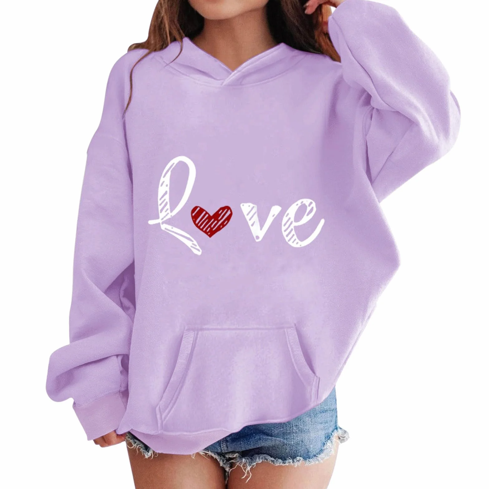 Sweat à capuche surdimensionné pour filles motif cœurs manches longues