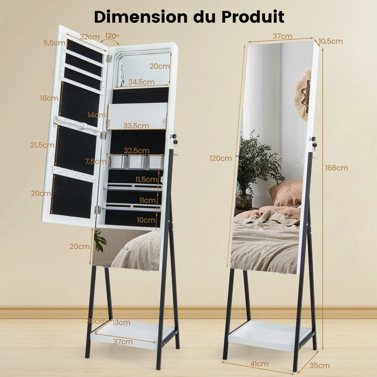 COSTWAY Armoire à Bijoux avec Miroir et Tiroir sur Pieds, Miroir Psyché HD sans Cadre, Verrouillable, Lumières LED 3 Couleurs, Blanc