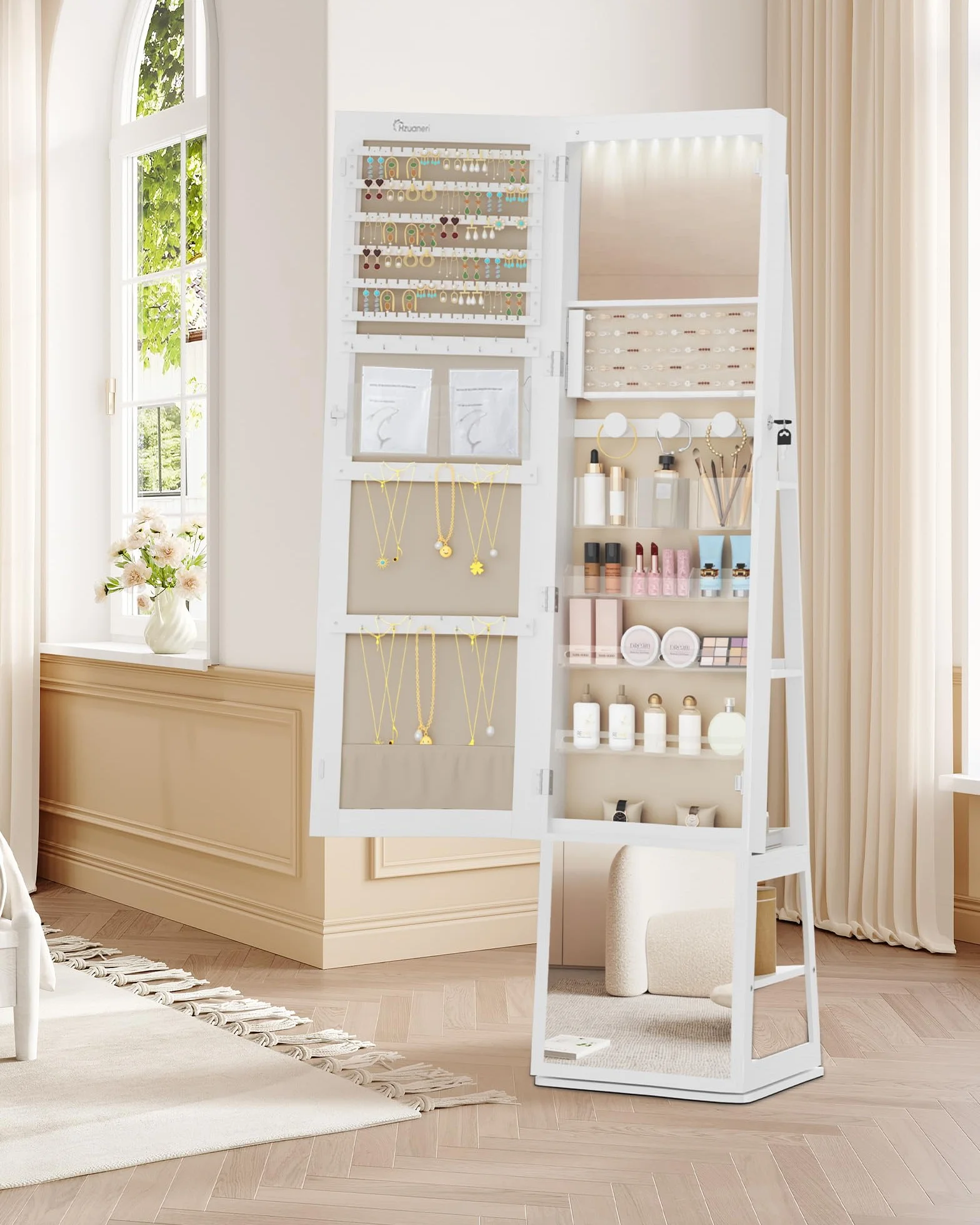 Armoire à bijoux 160cm avec LEDs, base rotative 360°, miroir verrouillable, Blanc et Beige