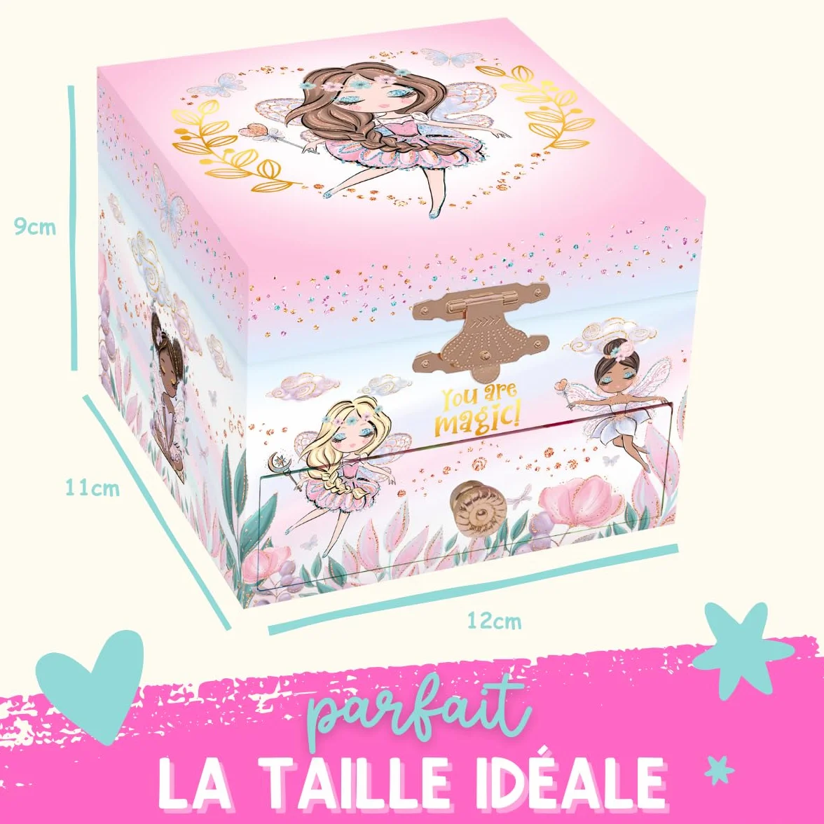 Boîte à Bijoux Musicale pour Filles avec Miroir, Cadeau Princesse 3-10 ans, Rose