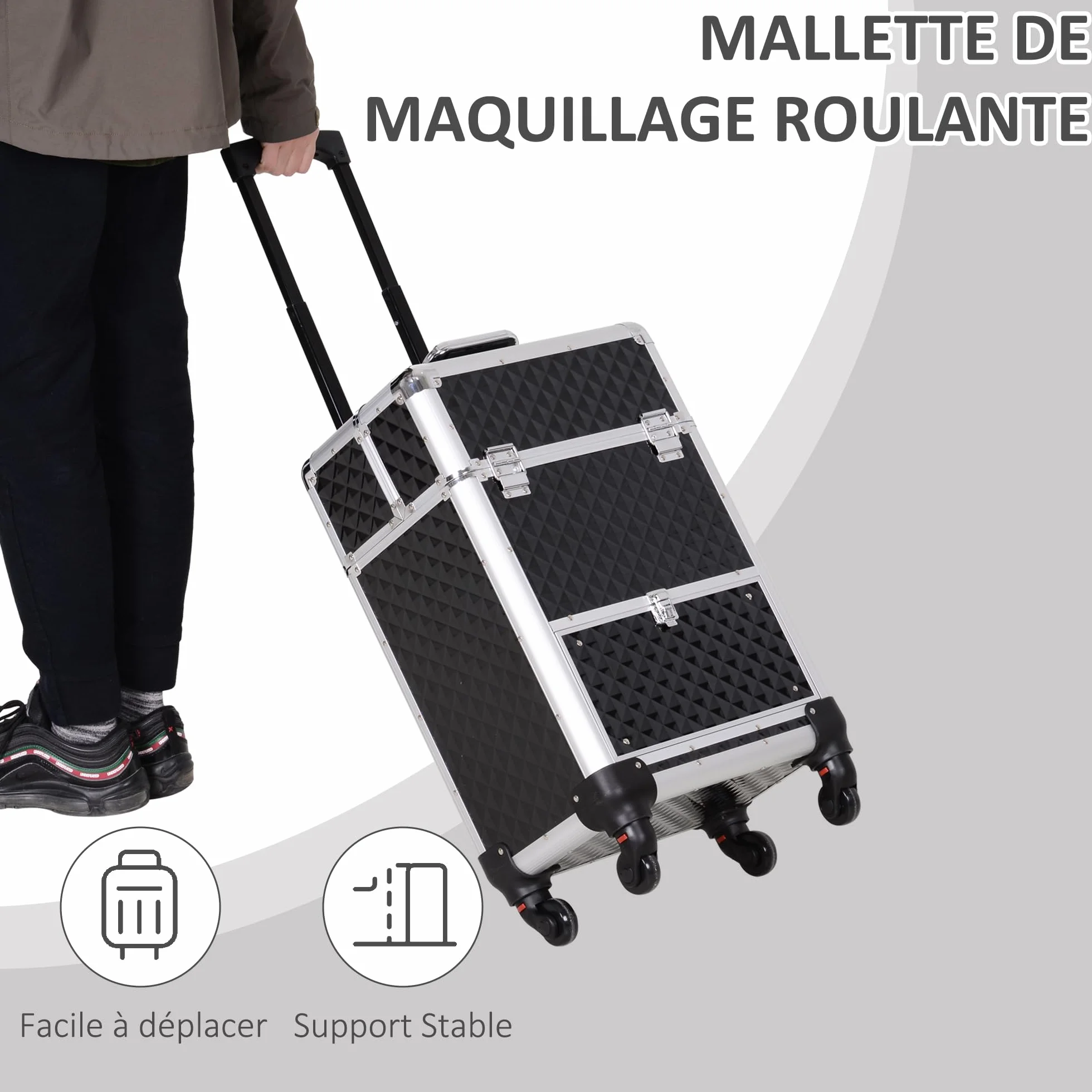 HOMCOM Valise Trolley Maquillage Mallette cosmétique Vanité poignée télescopique 34x25x62 cm alu Noir