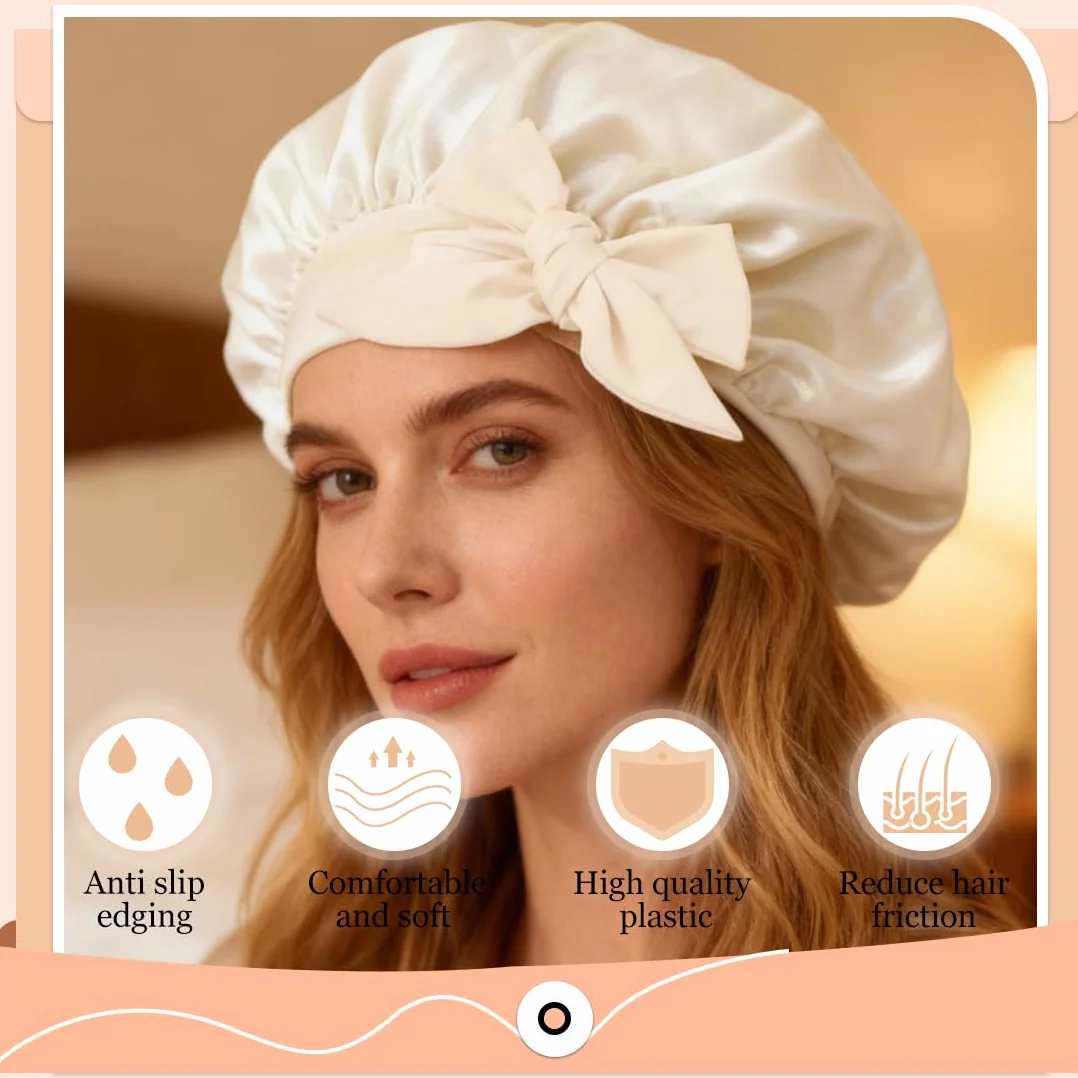 Bonnet en Soie Nuit pour Dormir, Bonnet de Nuit en Satin Ajustable, Bonet Soie Cheveux Femmes Couchage Maquillage (Blanc)