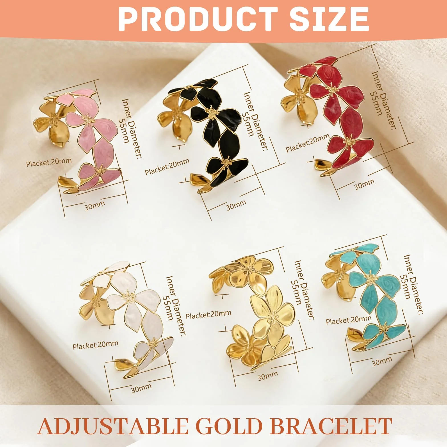 Bracelet Fleurs Femme Dorées, Acier Inoxydable Parure Bijoux Ouvert