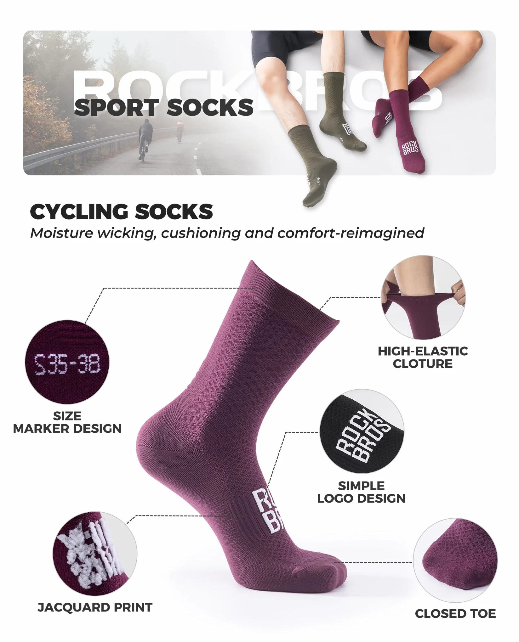 ROCKBROS Chaussettes de Vélo Coton Longues Respirantes 1 Paire