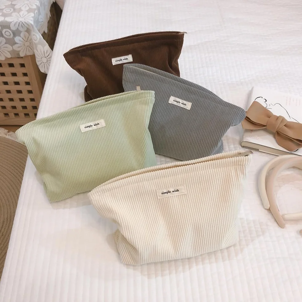 Trousse de Toilette Femme en Velours Côtelé pour Voyage, Maquillage, Sac Cosmétique (Vert)