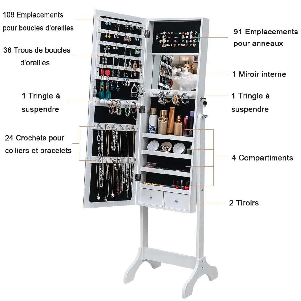 Alightup Armoire à Bijoux avec Miroir Pleine Longueur et Tiroirs, Verrouillable, Blanc