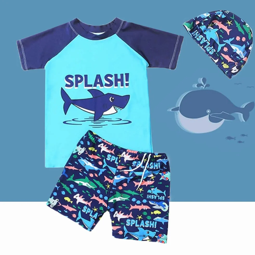 Maillot de Bain Bébé Garçon 3 pièces Anti UV Combinaison T-Shirt Shorts Bonnet FedMois