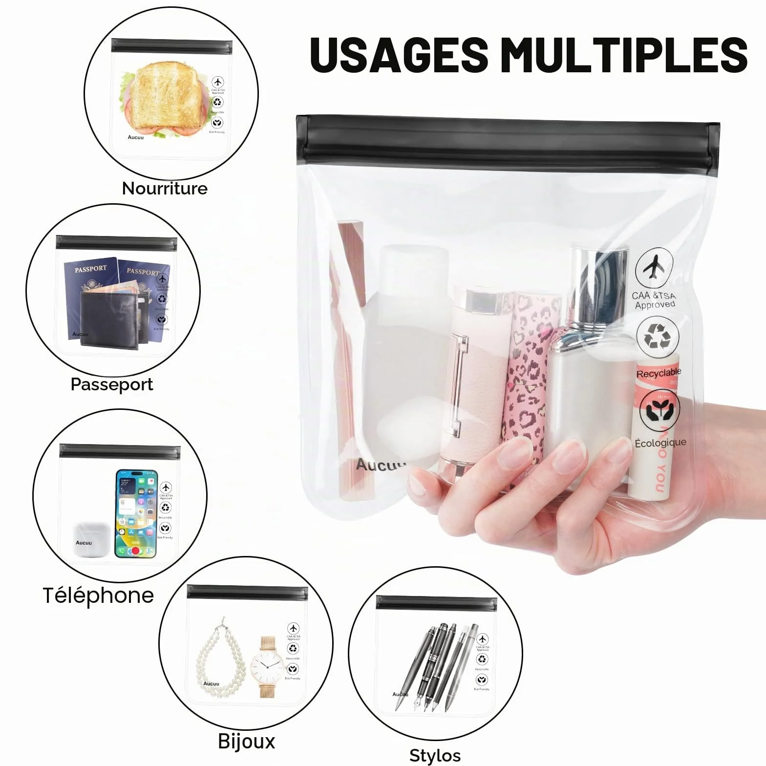 Lot de 4 Trousse de Toilette Transparente Femme 20x20cm Kit Voyage Avion Cabine Sac à Liquide 1L