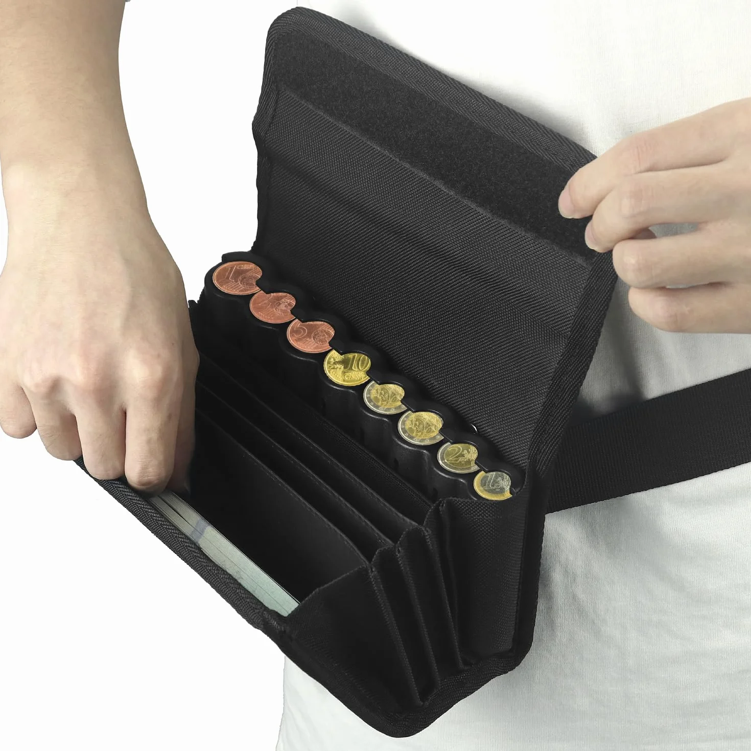 QWORK Sacoche de Serveur Noir 20x11.5x6.5CM Porte-Monnaie avec Distributeur de Euros et Ceinture