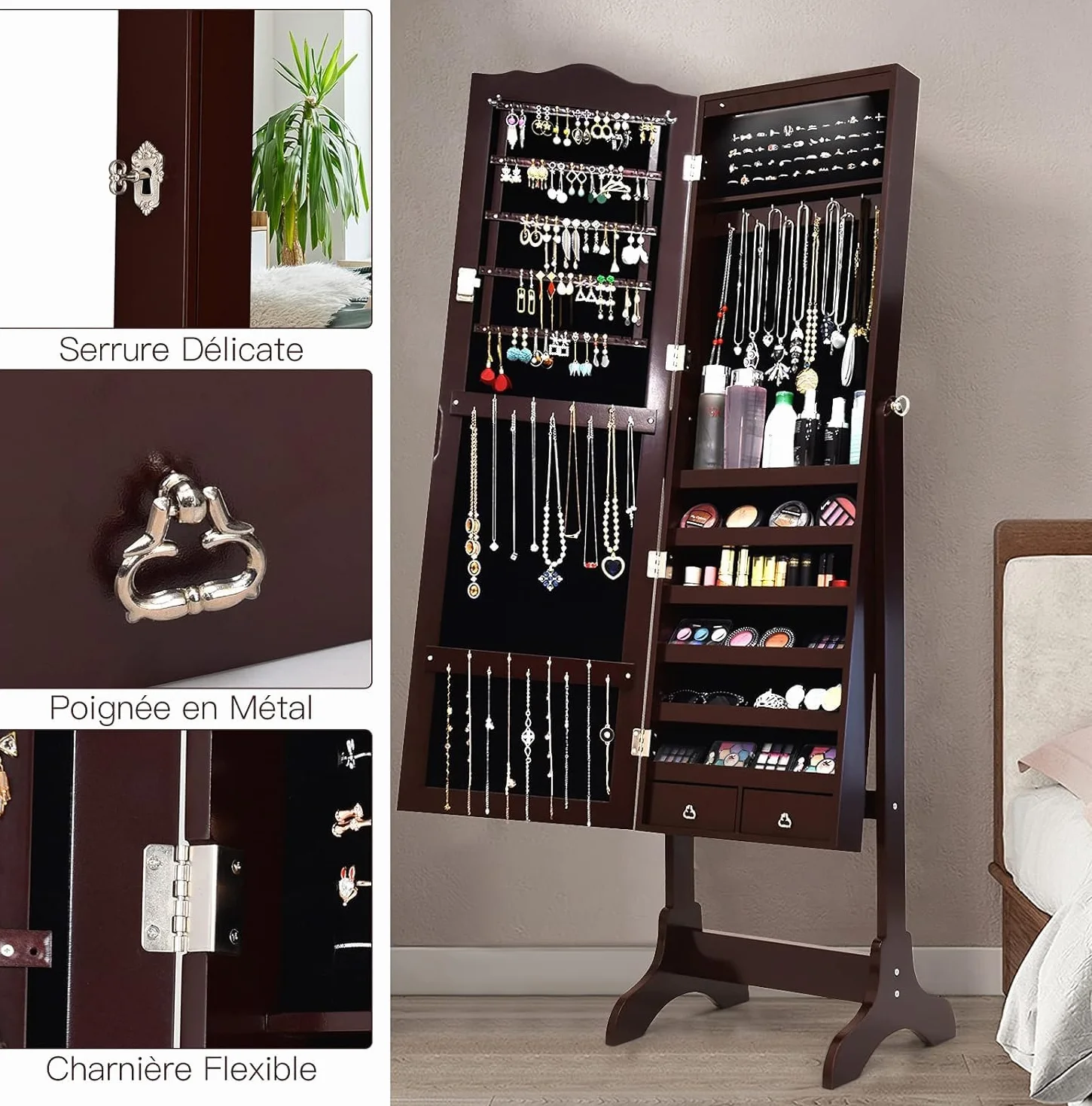 GOPLUS Armoire à Bijoux avec Miroir, 2 en 1, 14 Lumières LED, 6 Étagères, Meuble Bijoux Verrouillable en Bois, Brun